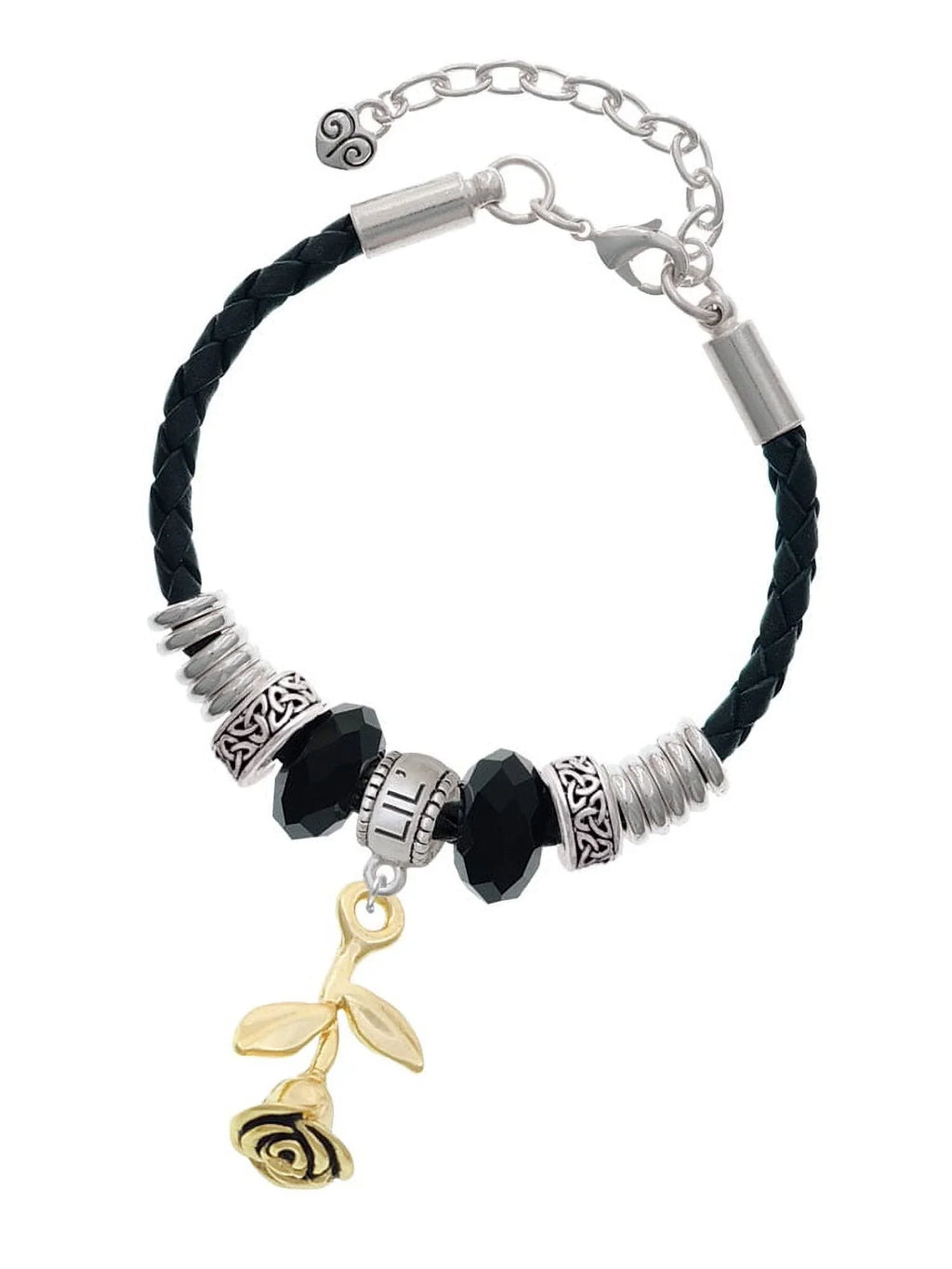 Delight Jewelry Goldtone Sizetemmed Rose Lil Sizeister Celtic Knot Leather Bead Bracelet, 7"+2" Extender
