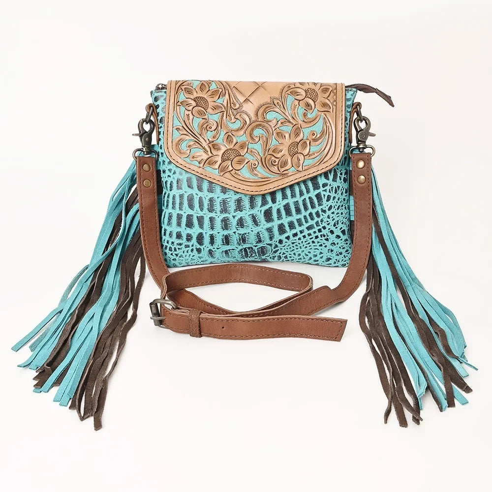 KB OHLAY MESizeSizeENGER Hand Tooled Crocodile Embossed Genuine Leather women bag western handbag purse