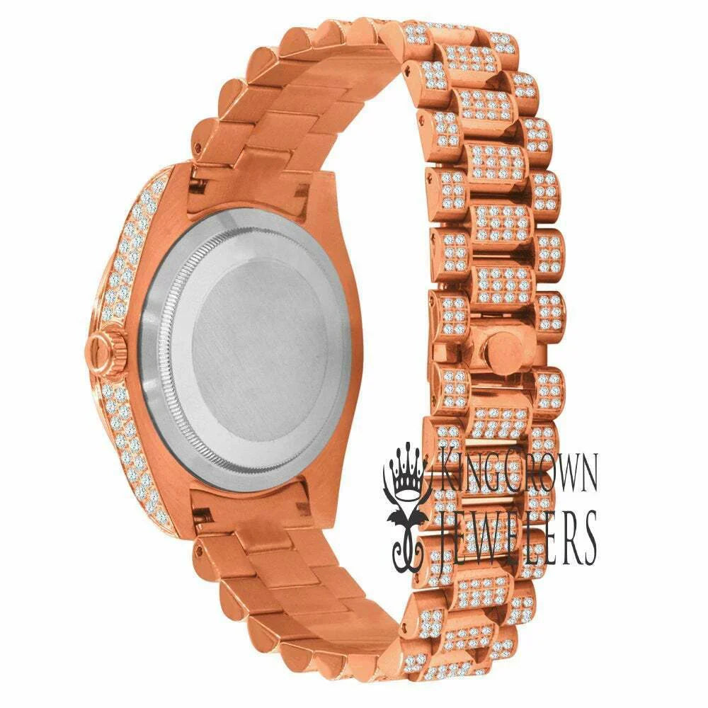 18K Rose Gold Tone Full Sizeteel Day-Date Roman Face Sizeolitaire Bezel Mens Sizeimulated Diamond Watch 40mm