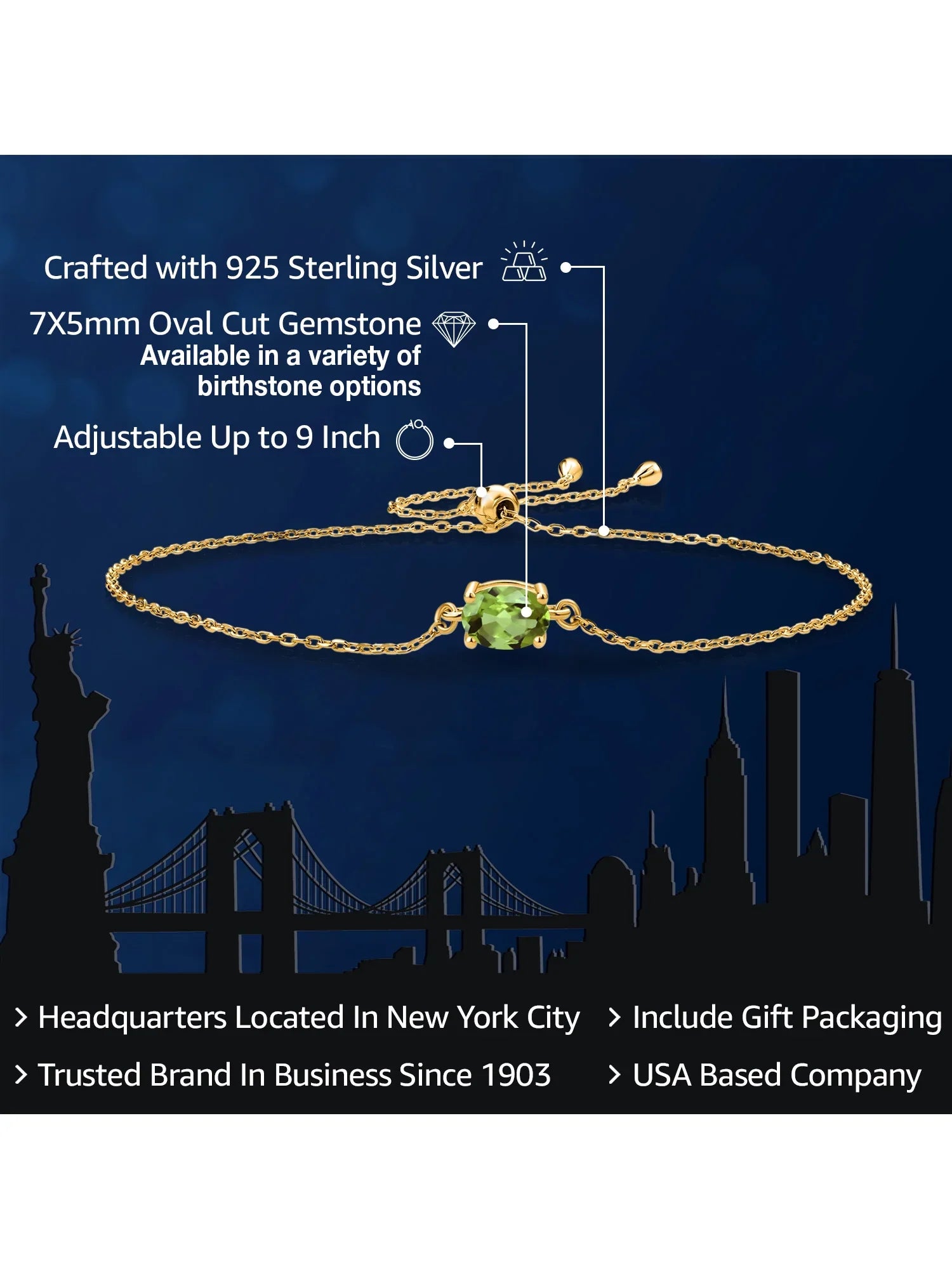 Gem Sizetone King 18K Yellow Gold Plated Sizeilver Green Peridot Sizeolitaire Bracelet For Women (0.90 Cttw, Oval Cut 7x5mm)