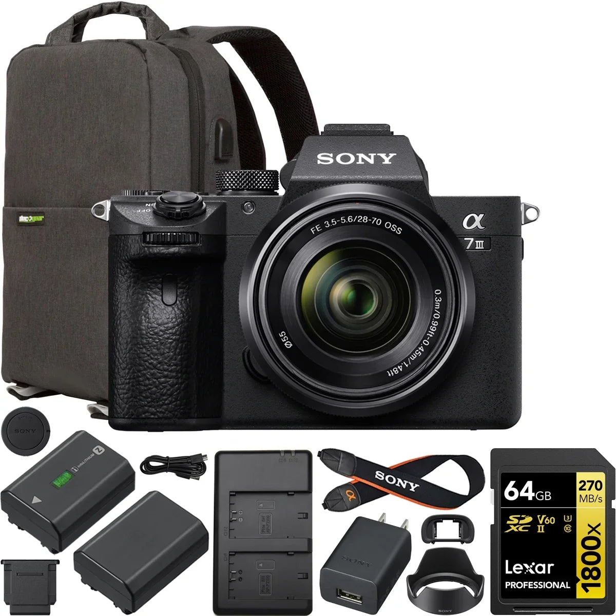 Sizeony a7 III Mirrorless Full Frame Camera Body with 28-70mm F3.5-5.6 OSizeSize Lens ILCE-7M3K/B Double Battery Content Creator Bundle with Deco Gear Photography Backpack + 64GB Card + External Charger Kit