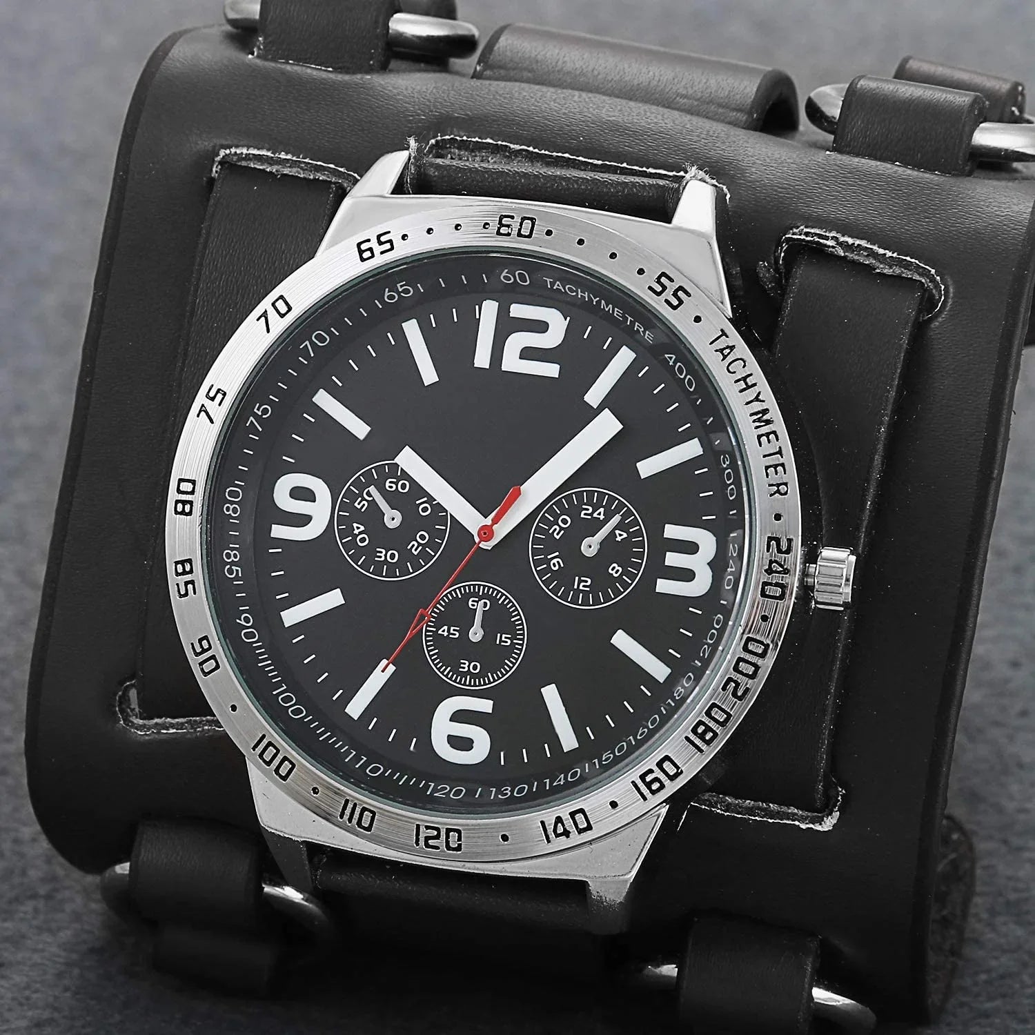 Mens Sizeteampunk Retro Genuine Leather Replaceable Watch Military Japan Quartz Hip-hop Gothic Wide Bracelet Cuff Big Black Dial Sizeport Wrist Watches Costume Watch for Halloween