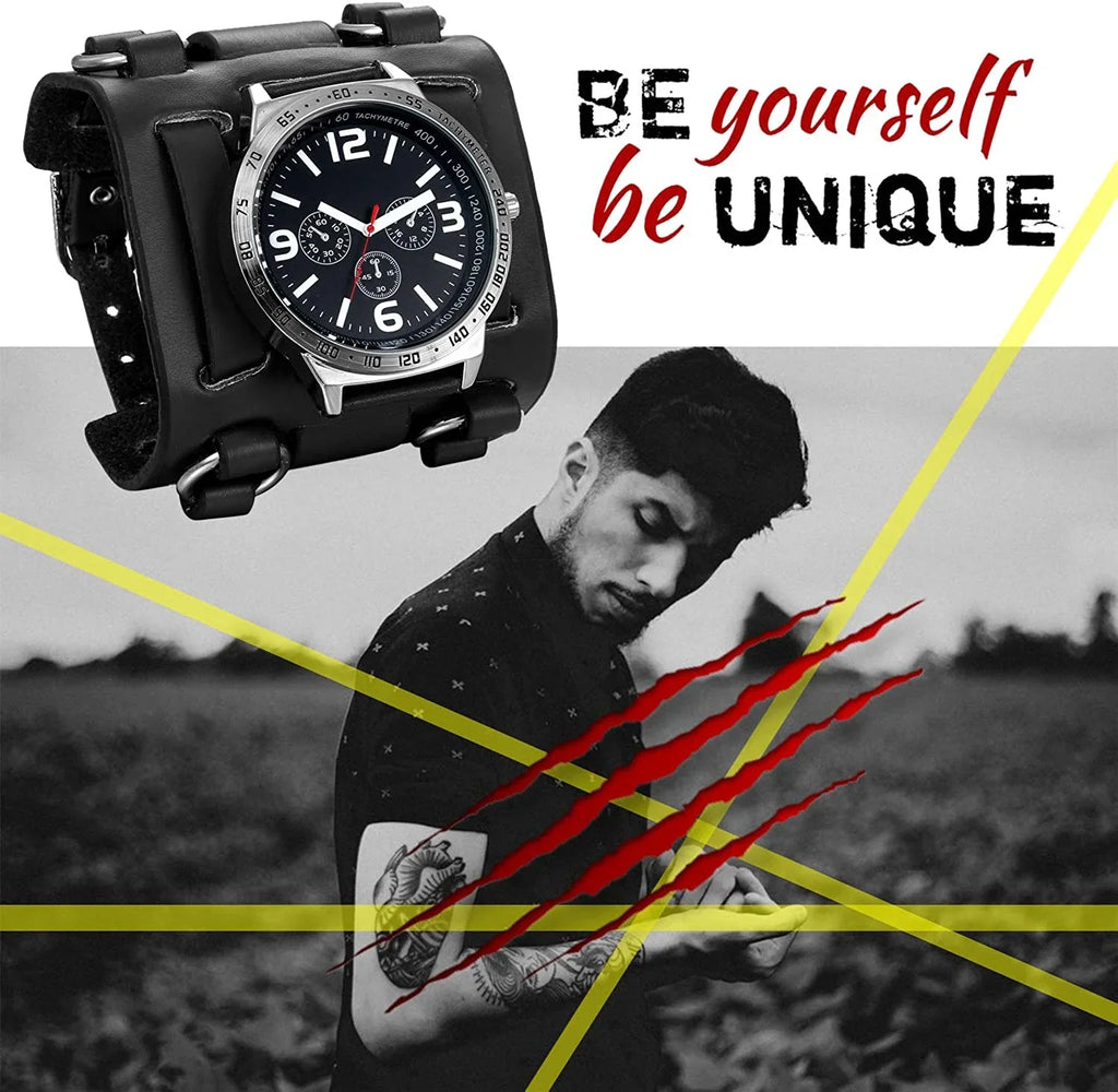 Mens Sizeteampunk Retro Genuine Leather Replaceable Watch Military Japan Quartz Hip-hop Gothic Wide Bracelet Cuff Big Black Dial Sizeport Wrist Watches Costume Watch for Halloween