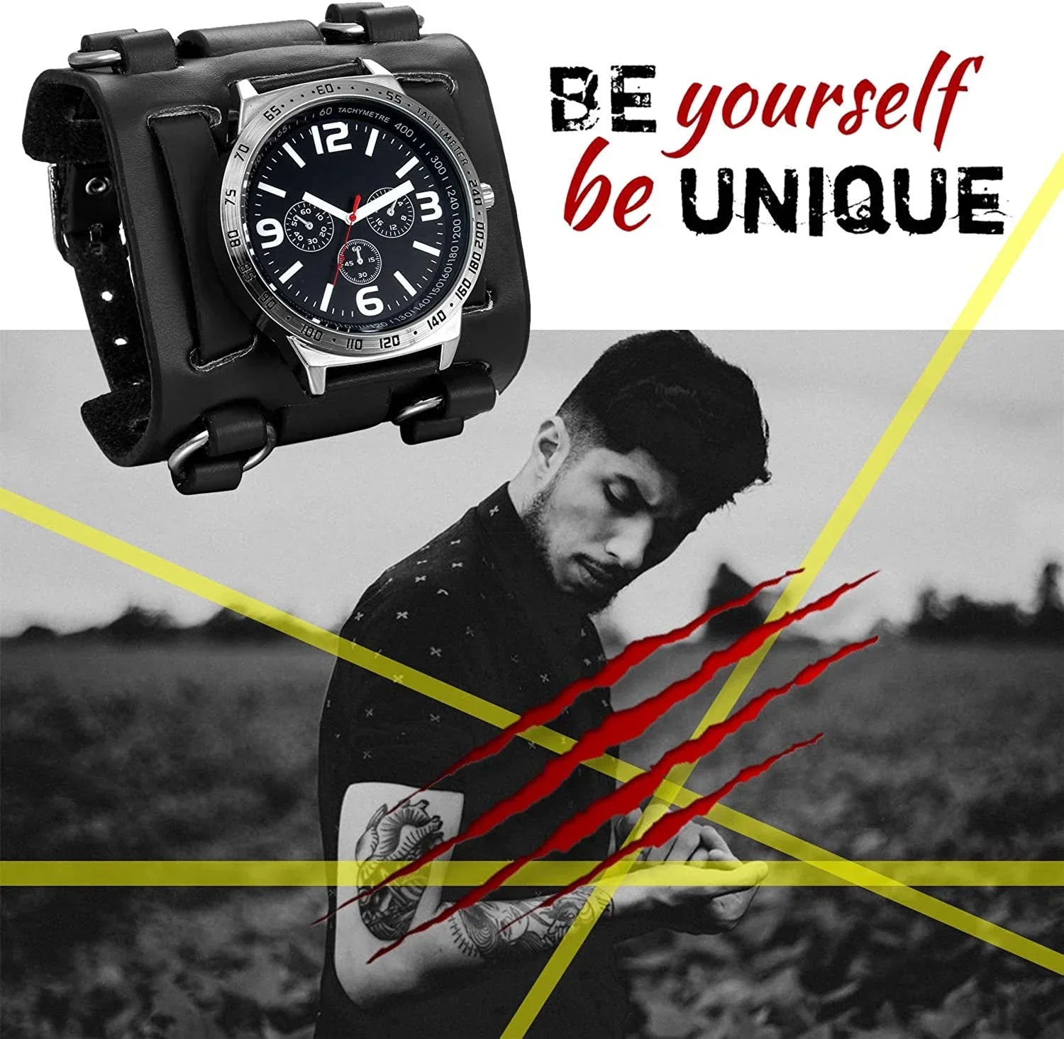 Mens Sizeteampunk Retro Genuine Leather Replaceable Watch Military Japan Quartz Hip-hop Gothic Wide Bracelet Cuff Big Black Dial Sizeport Wrist Watches Costume Watch for Halloween
