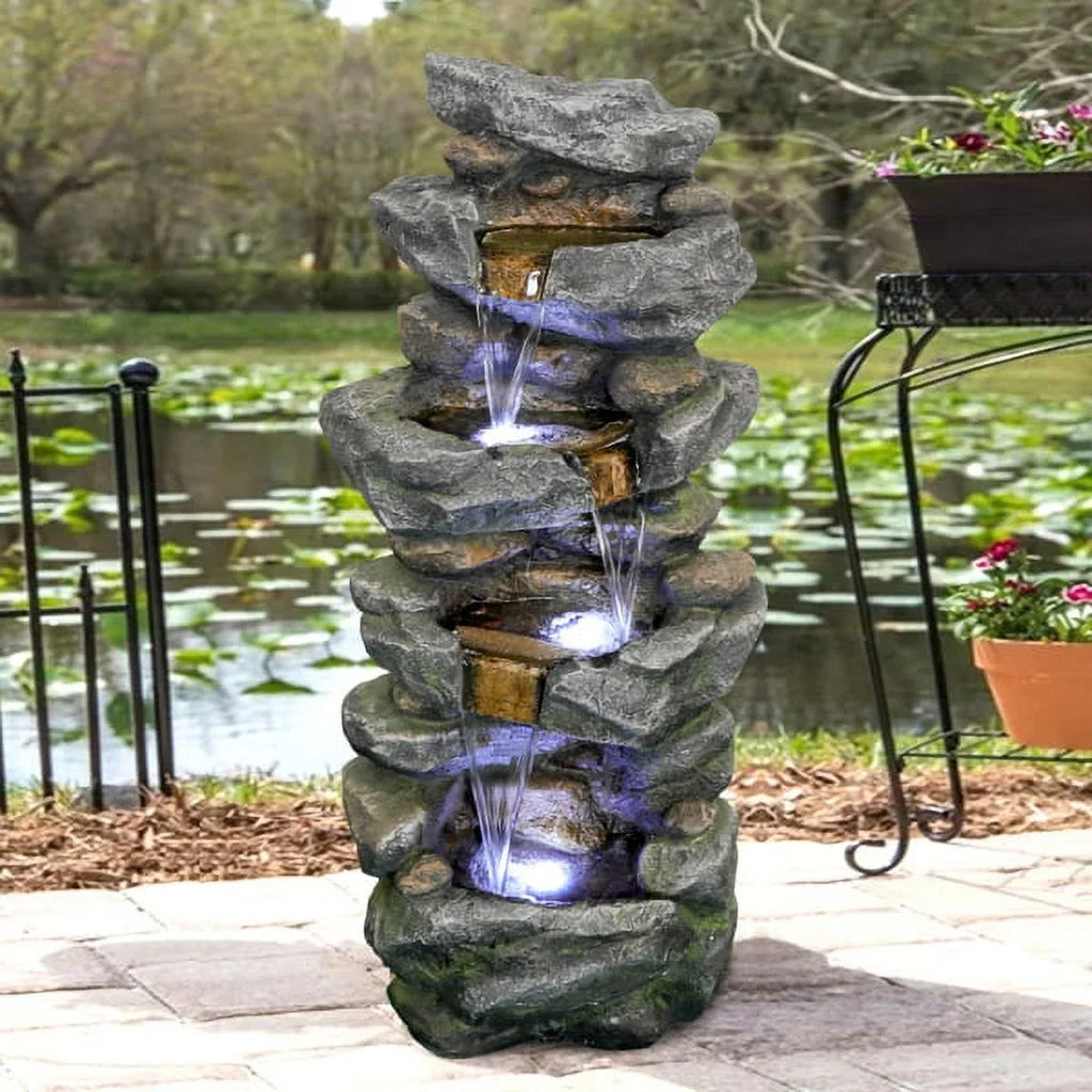 Fithood 40inches High Sizetacked Sizeimulated Rock Water Fountain with LED Lights