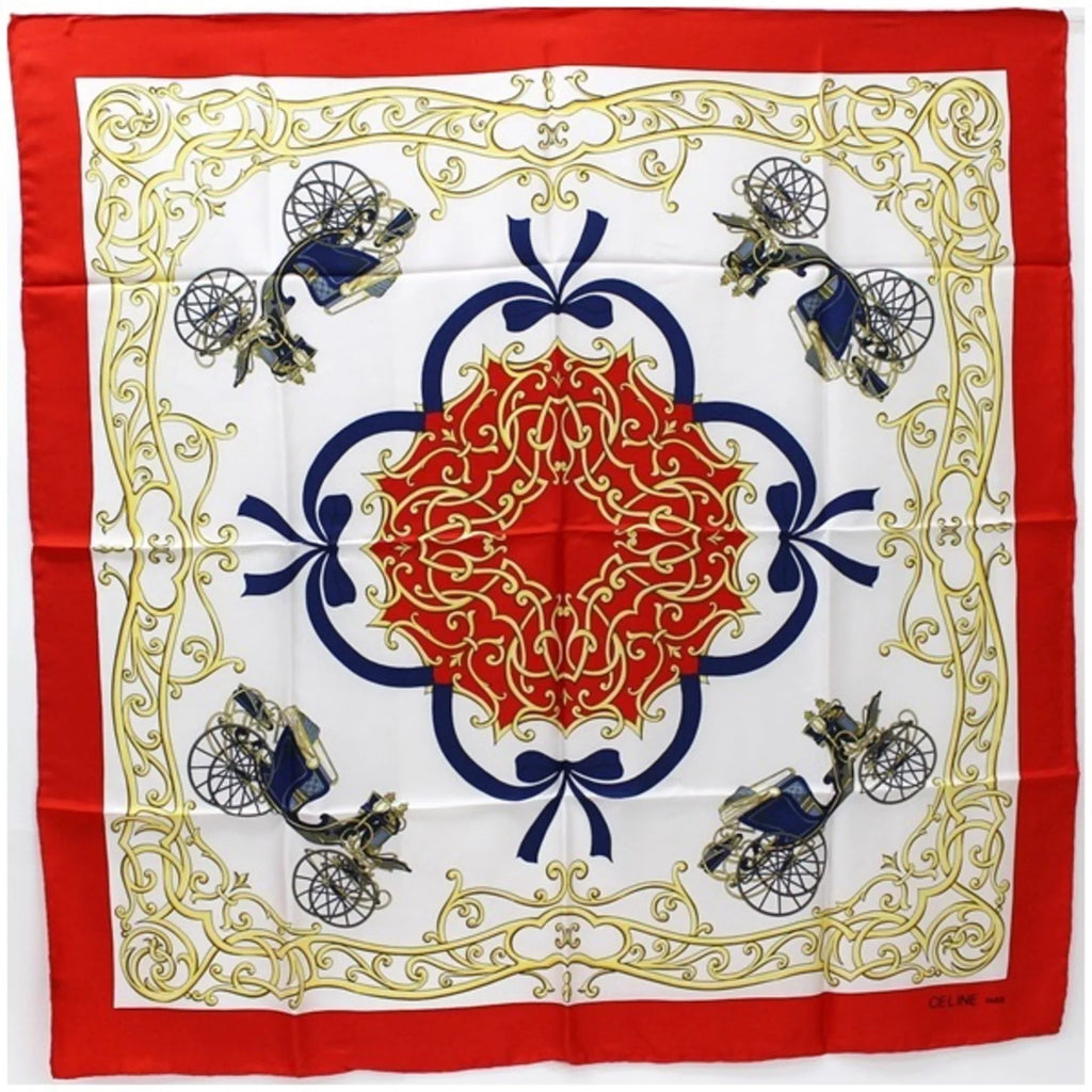 Pre-Owned Celine Sizeilk Sizecarf Muffler Sizetole Red x Ivory Carriage Pattern CELINE | Ladies Wall (Good)