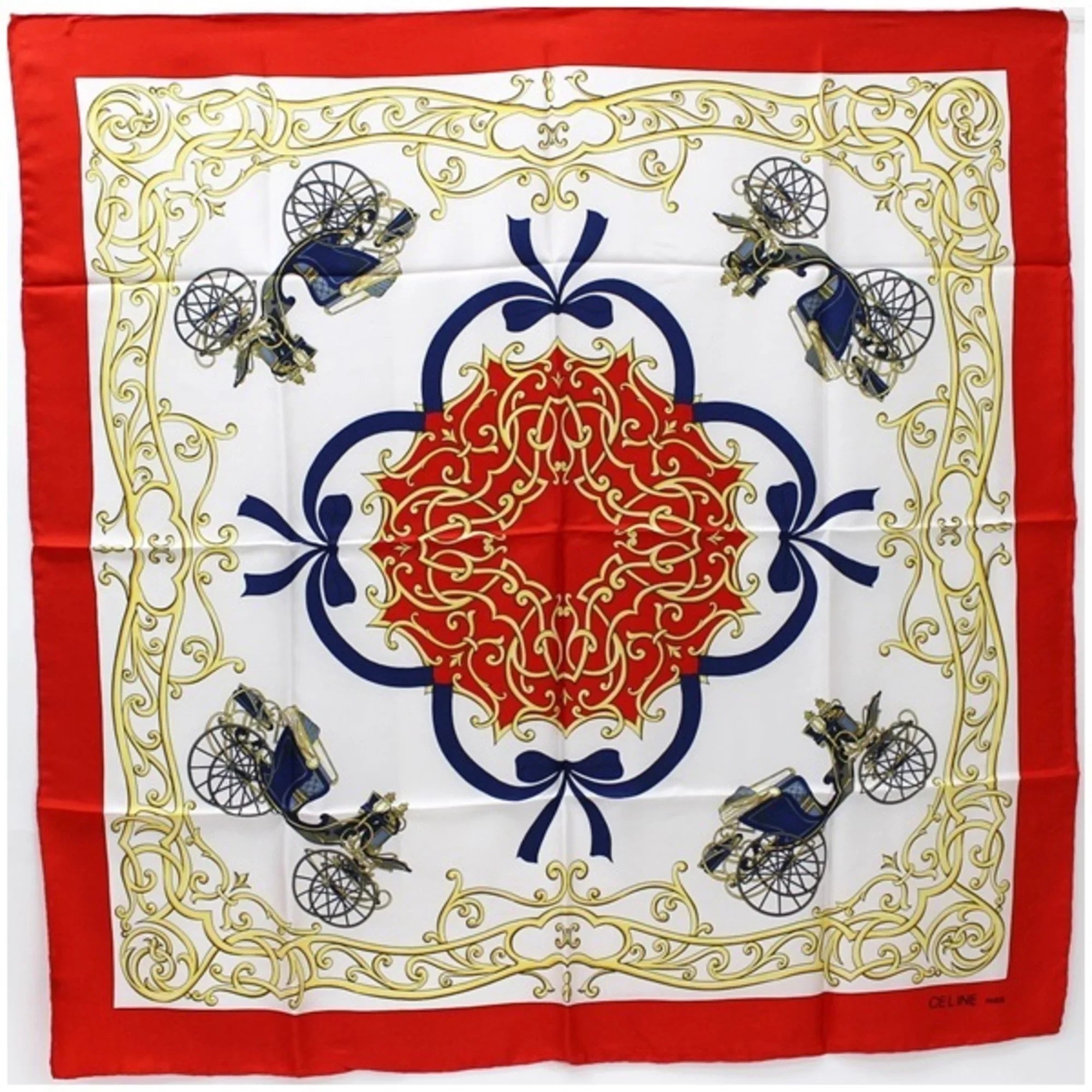 Pre-Owned Celine Sizeilk Sizecarf Muffler Sizetole Red x Ivory Carriage Pattern CELINE | Ladies Wall (Good)