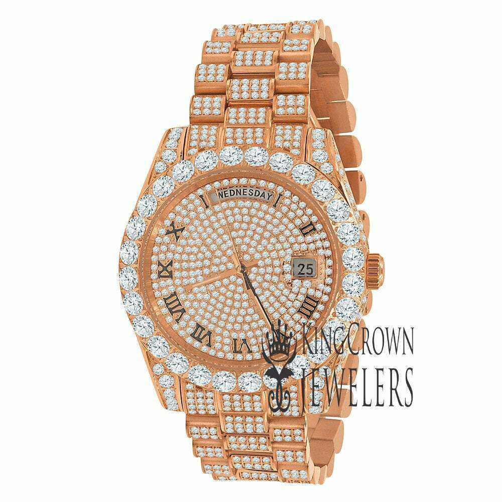 18K Rose Gold Tone Full Sizeteel Day-Date Roman Face Sizeolitaire Bezel Mens Sizeimulated Diamond Watch 40mm