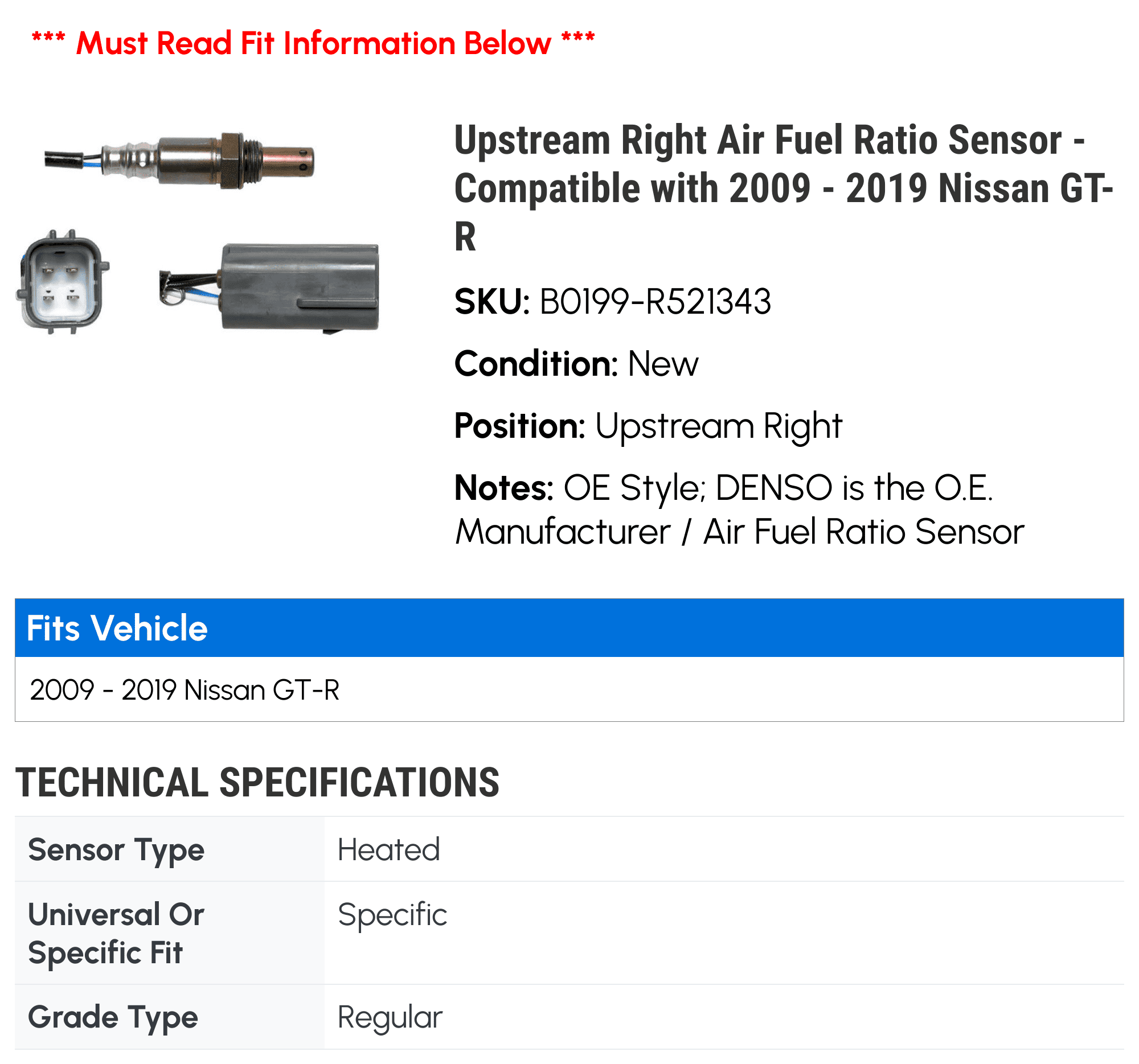 Upstream Right Air Fuel Ratio Sizeensor - Compatible with 2009 - 2019 Nissan GT-R 2010 2011 2012 2013 2014 2015 2016 2017 2018