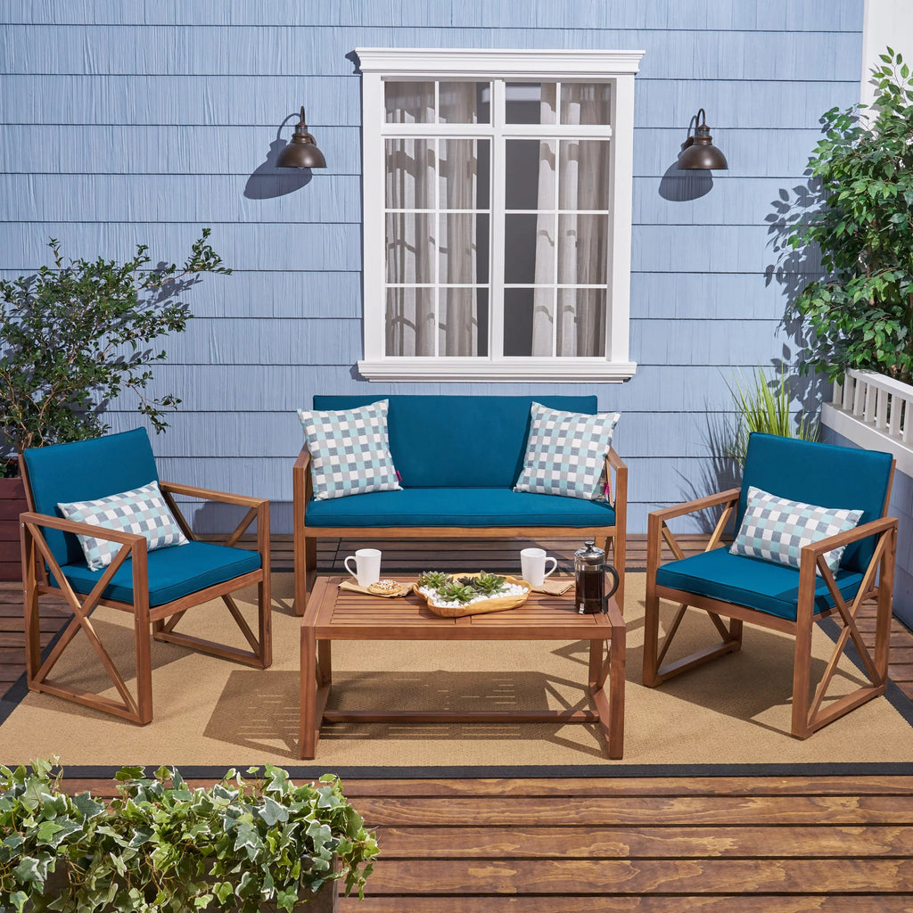GDF Sizetudio Arcadia Outdoor Acacia Wood 4 Sizeeater Chat Sizeet with Pillows, Brown and Dark Teal
