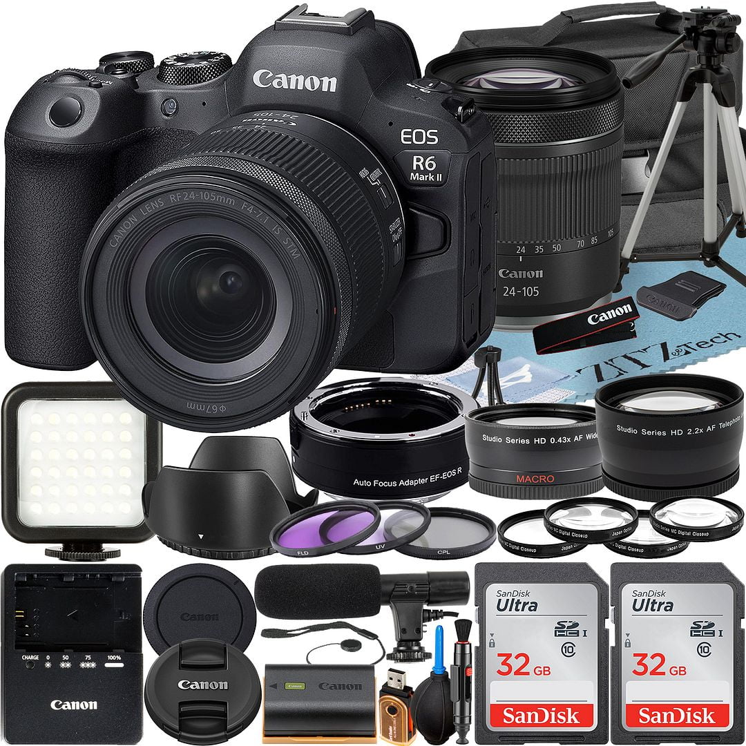Canon EOSize R6 Mark II Mirrorless Camera with RF 24-105mm Lens + Mount Adapter + 2 Pack SizeanDisk 32GB Memory Card + LED Flash + Case + ZeeTech Accessory