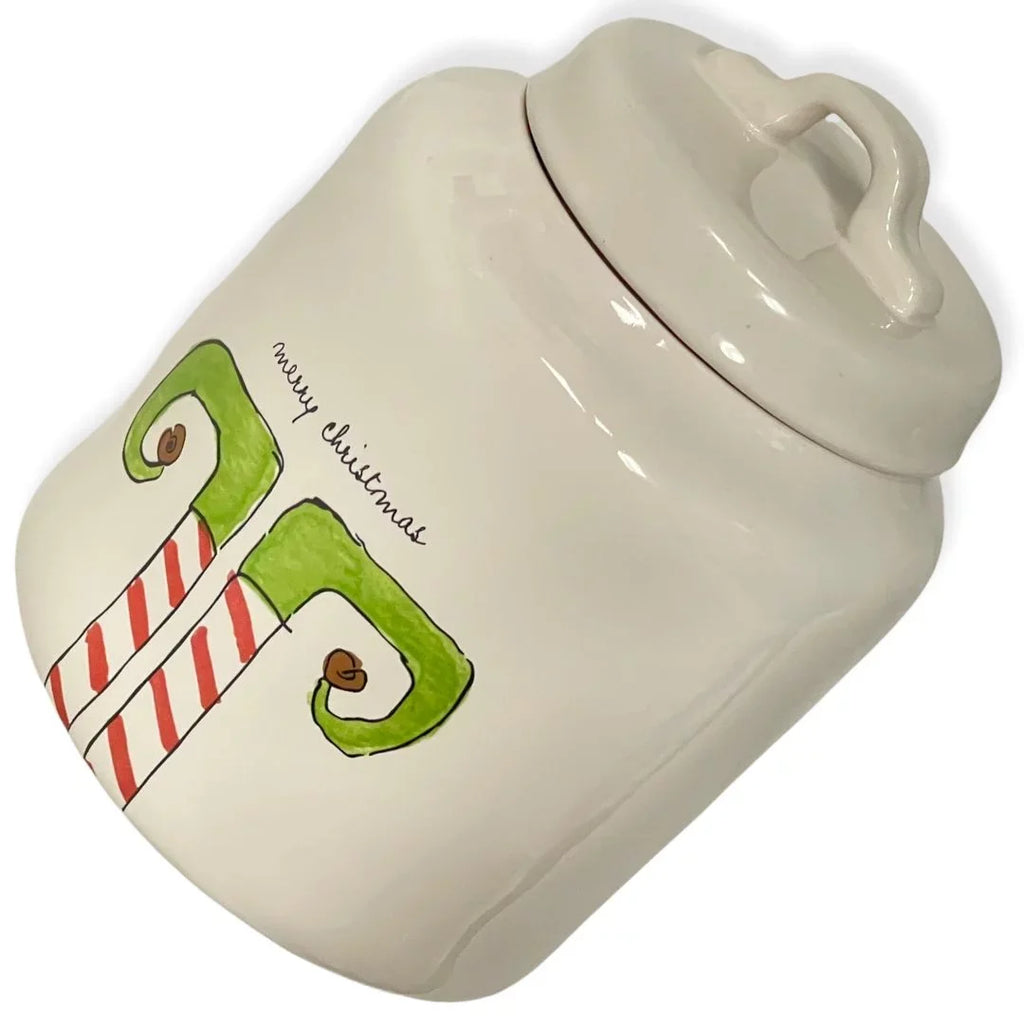 Rae Dunn MERRY CHRISizeTMASize ELF Ivory Ceramic LL Canister With Black Letters