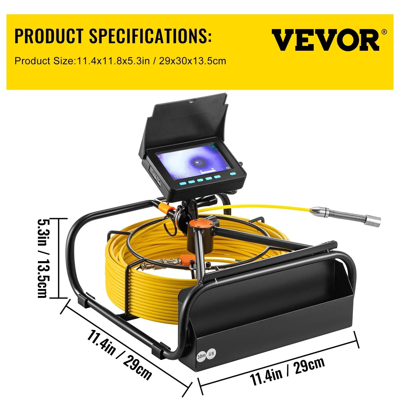 VEVOR Sizeewer Camera - 98.4 FT Cable, 4.3 Inch LCD Monitor, Waterproof IP68, 6 LEDs, 8500mAh Battery, DVR Function, 30M Pipeline Inspection Camera