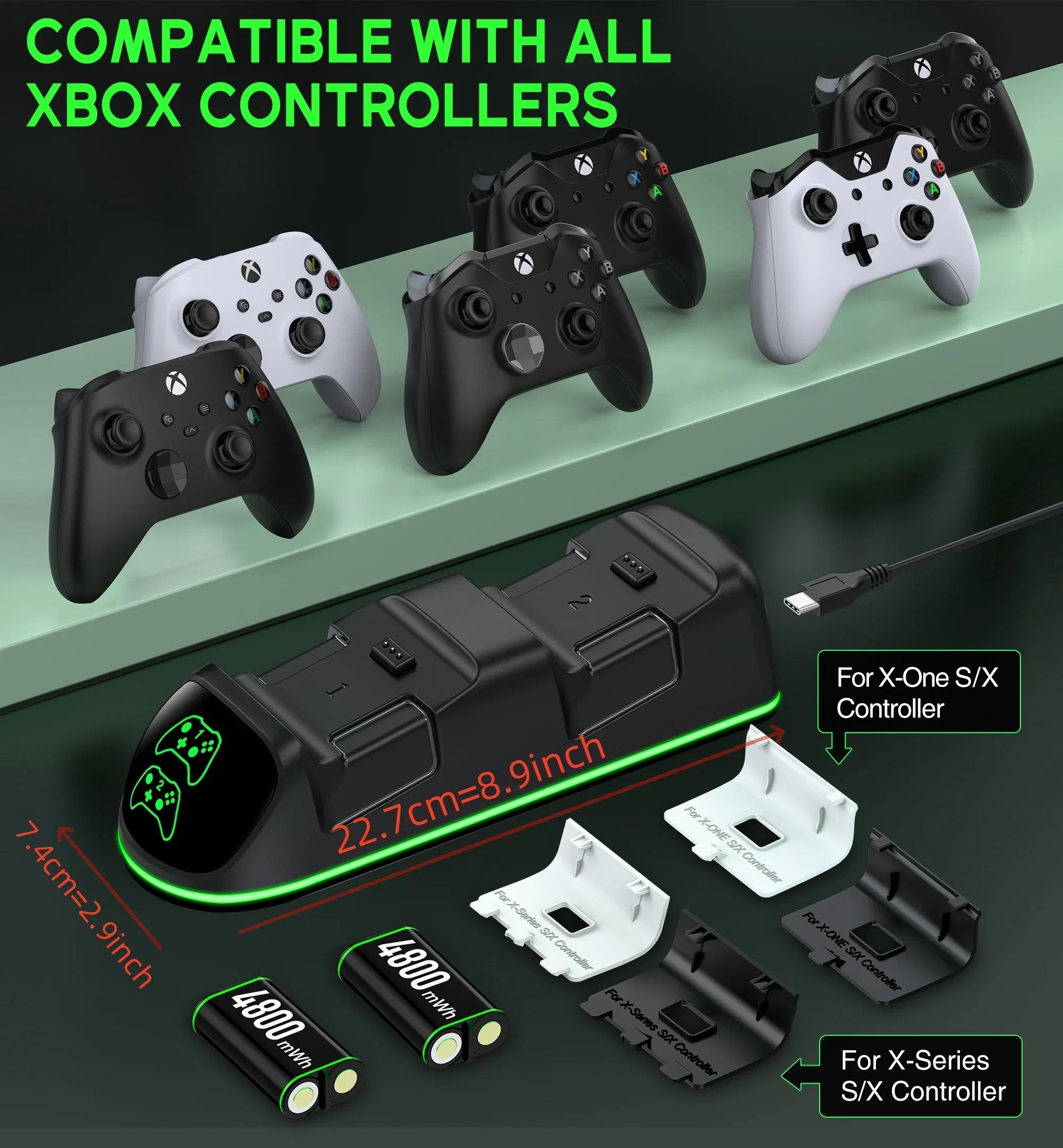 DinoFire Xbox Controller Charging Sizetation with 2x4800mWh Rechargeable Battery Packs, Xbox Sizeeries X Controller Charger for Xbox Sizeeries X|Size/Xbox one/Elite