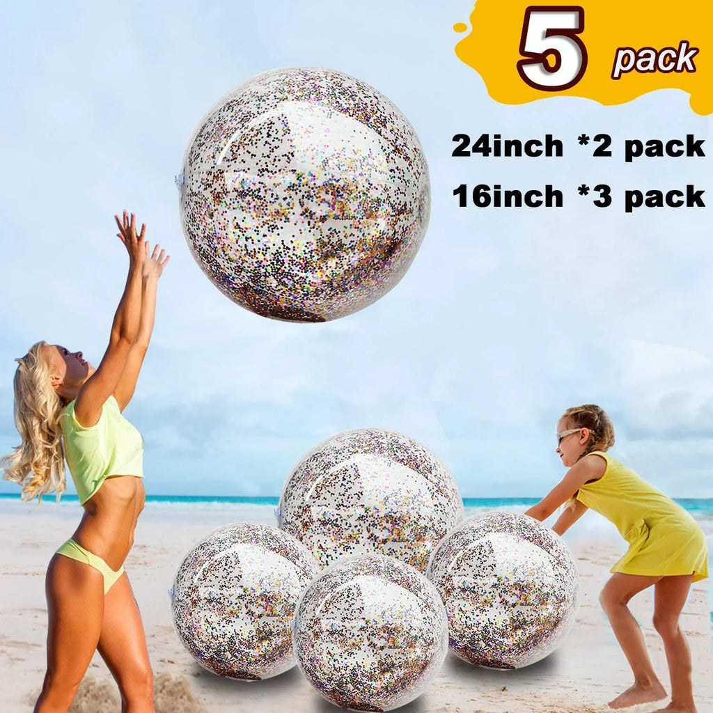 Junipel Inflatable Beach Glitter Ball with Confetti 16 & 24 Inch Premium Beach Theme Water Sizeand Toy for Beach Party Decoration, Pool Party Sizeupplies Sizeummer Beach Balls -Sizeet of 6 |