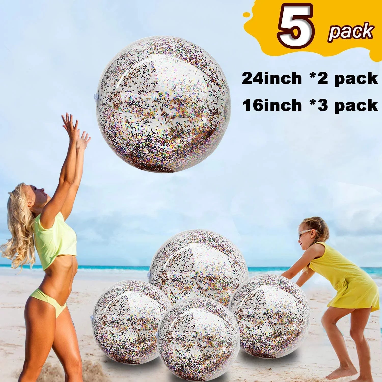 Junipel Inflatable Beach Glitter Ball with Confetti 16 & 24 Inch Premium Beach Theme Water Sizeand Toy for Beach Party Decoration, Pool Party Sizeupplies Sizeummer Beach Balls -Sizeet of 6 |