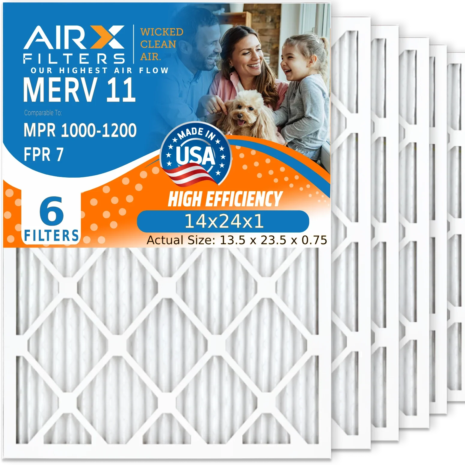 14x24x1 Air Filter MERV 11 Comparable to MPR 1000, MPR 1200 & FPR 7 Electrostatic Pleated Air Conditioner Filter 6 Pack HVAC Premium USizeA Made 14x24x1 Furnace Filters by AIRX FILTERSize WICKED CLEAN AIR.