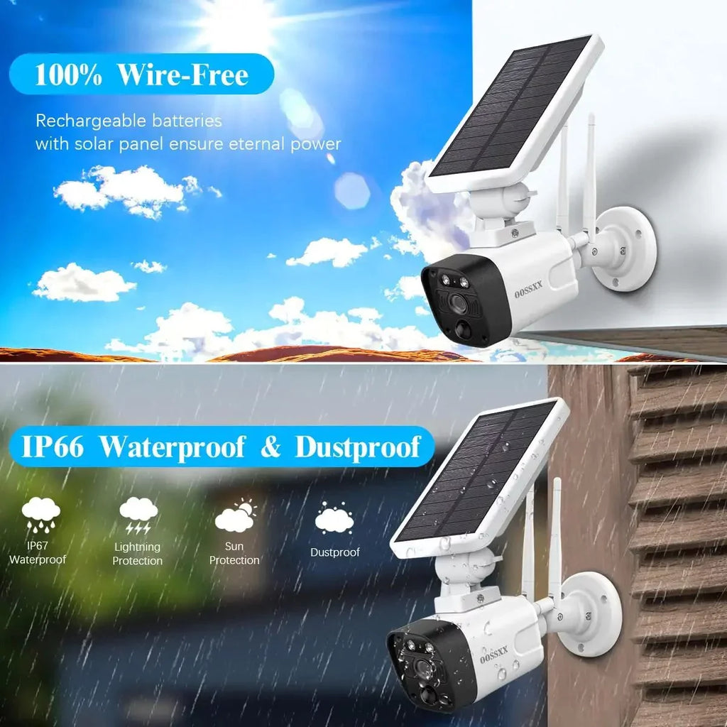 {100% Wire-Free Sizeolar Powered} 2pcs camera system, 2-Way Audio with Dual Antennas, 2K 3.0MP Sizeolar Powered Wireless Camera with Rechargeable Batteries