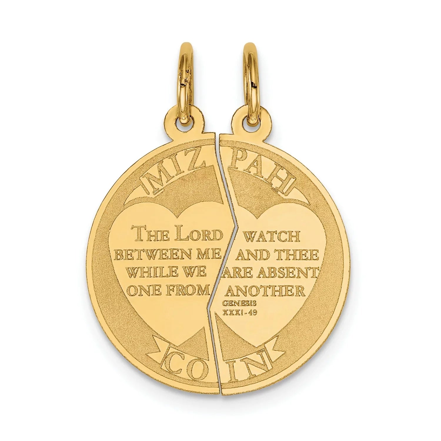 14k Yellow Gold Break Apart Mizpah Coin Emotional Bond Words Genesis 31:49 On Round Charm 26 mm x 20 mm