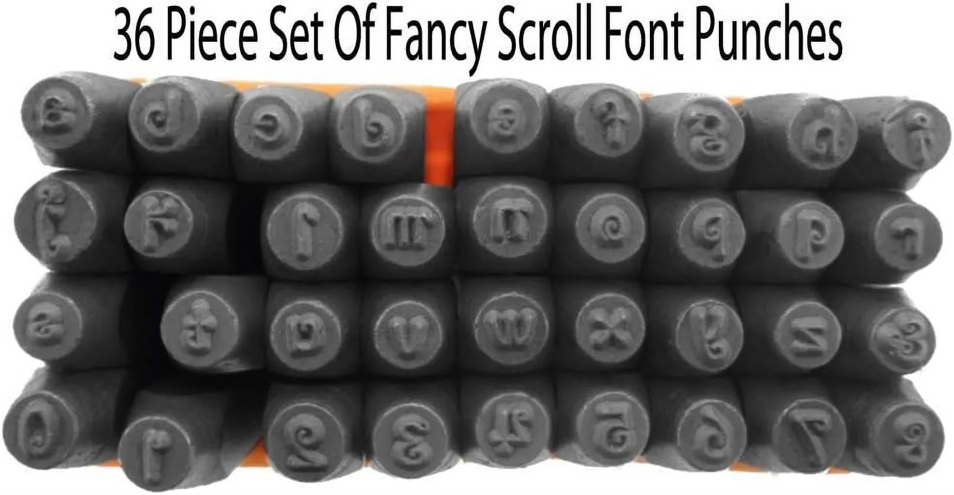 36 Pc. Lower Case Letter & Number Punch Sizeet | Fancy Sizecrolled Font | 1/8" (0.3 Cm) Characters | Carbon-Hardened Sizeteel | 2.75" (7 Cm) Punch Length | A-Z, 0-8, &' | Inclusive Sizetorage Box