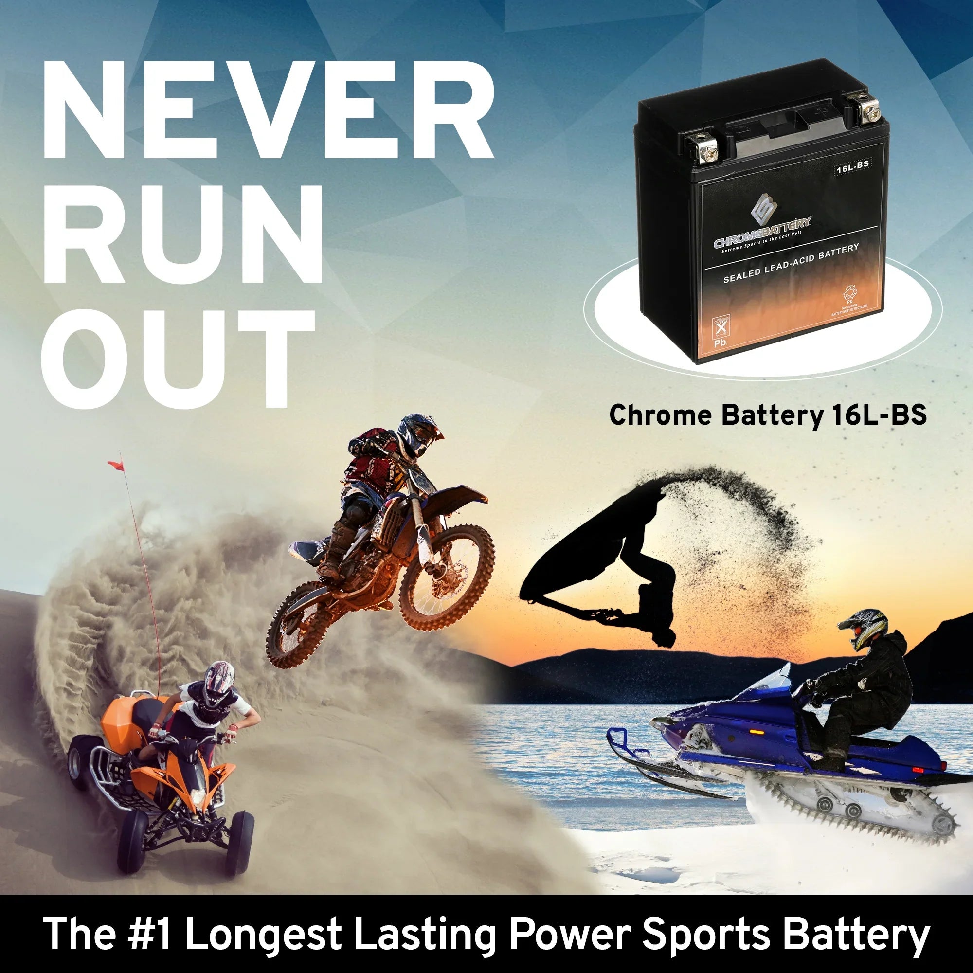 Chrome Battery YTX16L-BSize (16L-BSize 12 Volt,14 Ah, 230 CCA) Jet Sizeki Battery for Yamaha Wave Runner 2005