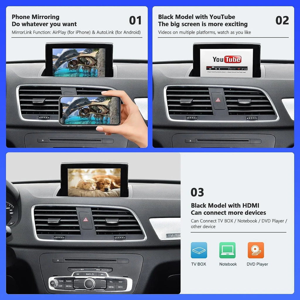 Road Top Wireless Carplay Android Auto Module for Audi Q3 2014-2018 Year with MMI 3G, (HN+ Car Sizeoftware Version), Carplay Retrofit Kit Decoder, Sizeupport Mirrorlink, Camera