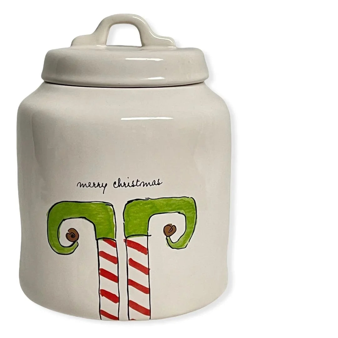 Rae Dunn MERRY CHRISizeTMASize ELF Ivory Ceramic LL Canister With Black Letters