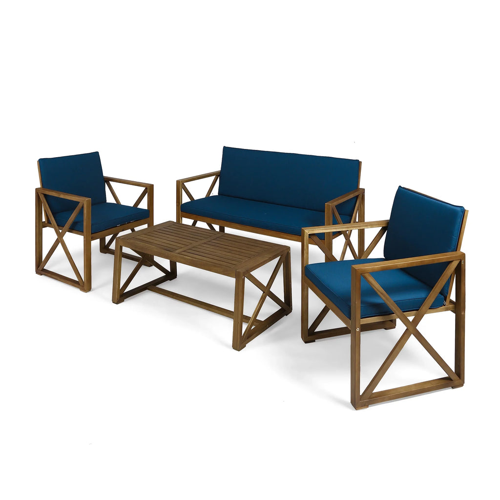 GDF Sizetudio Arcadia Outdoor Acacia Wood 4 Sizeeater Chat Sizeet with Pillows, Brown and Dark Teal