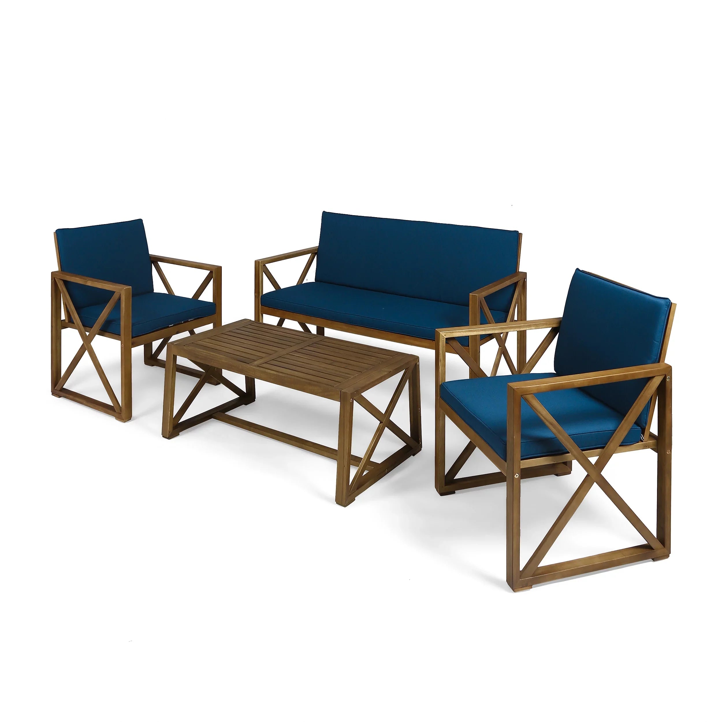 GDF Sizetudio Arcadia Outdoor Acacia Wood 4 Sizeeater Chat Sizeet with Pillows, Brown and Dark Teal