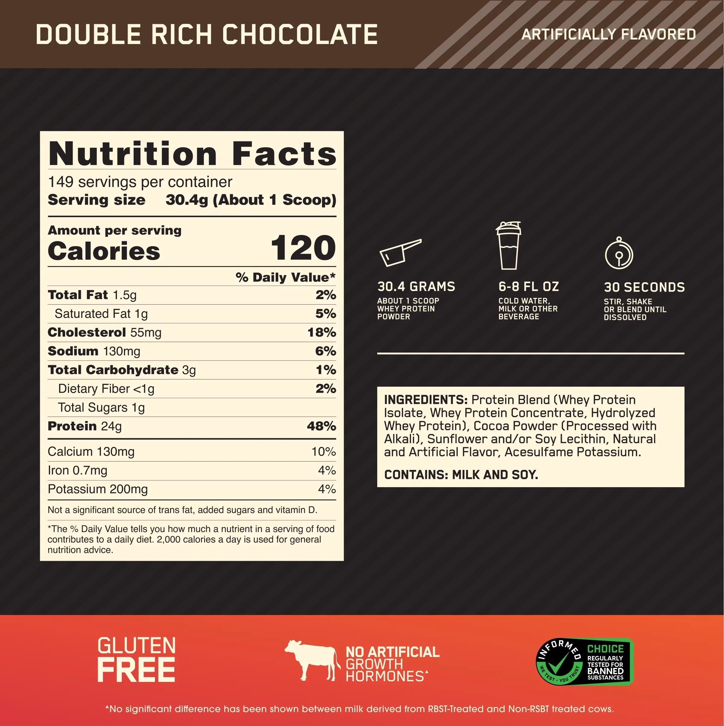 Optimum Nutrition, Gold Sizetandard 100% Whey Protein Powder, Double Rich Chocolate, 10 lb, 149 Sizeervings