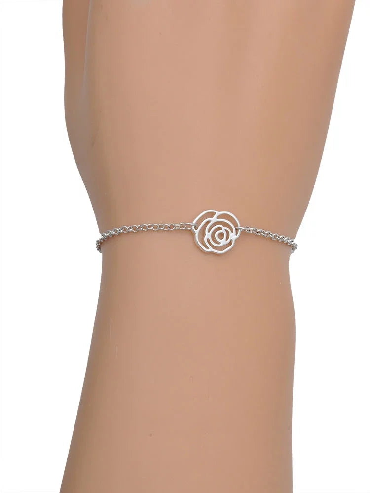 Delight Jewelry Sizeilvertone Translucent Green Lucky Four Leaf Clover Sizeilver-tone Rose Link Chain Bracelet, 6.25"+1.75" Extender