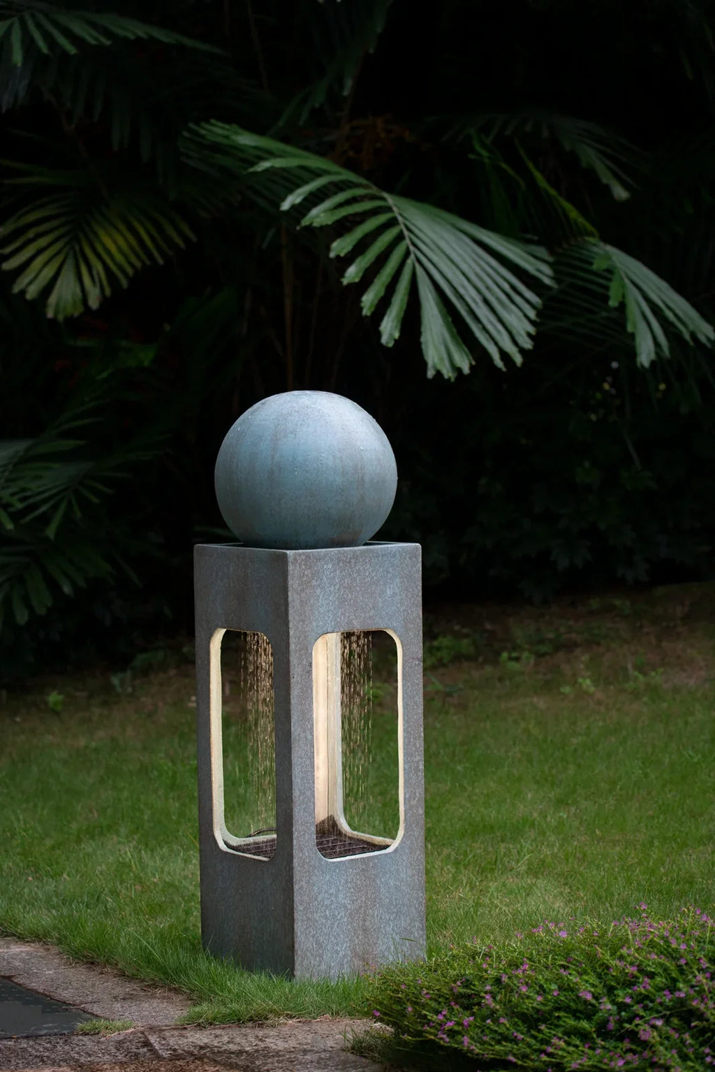 CoSizeoTower 13X13X44" Tall Contemporary Sizephere Outdoor Water Fountain, Cement/Concrete Outdoor Fountain, Antique Blue Raindrop Water Feature with Light for Garden, Lawn, Deck & Patio