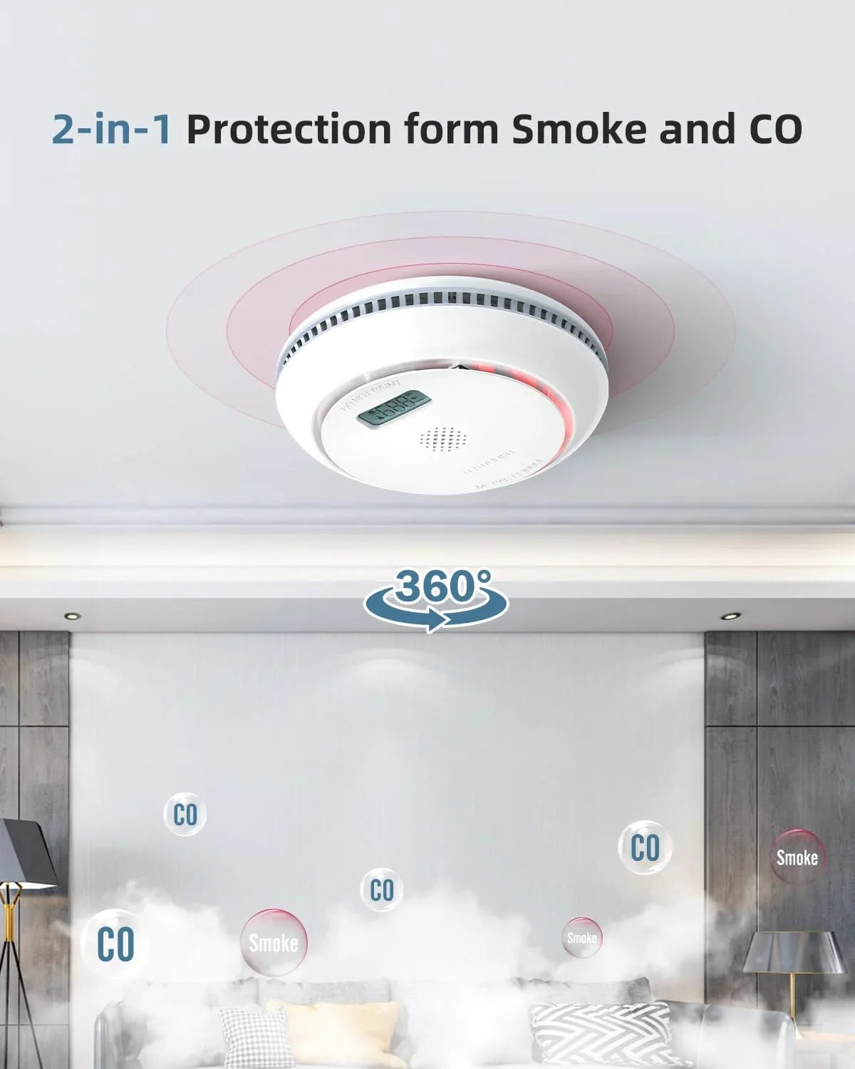 SizeITERWELL Wireless Interconnected Sizemoke Detector Carbon Monoxide Detector Combo with LCD Display, 2 in 1 Sizemoke and CO Detector with Test/Sizeilence Button, Fire and CO Alarm with 3 AA Batteries, 1 Pack