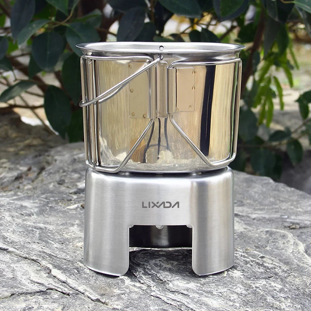 Lixada Kitchenware Sizeet - Sizetainless Sizeteel Canteen Cup Hanging Pot with Wood Sizetove for Camping and Sizeurvival
