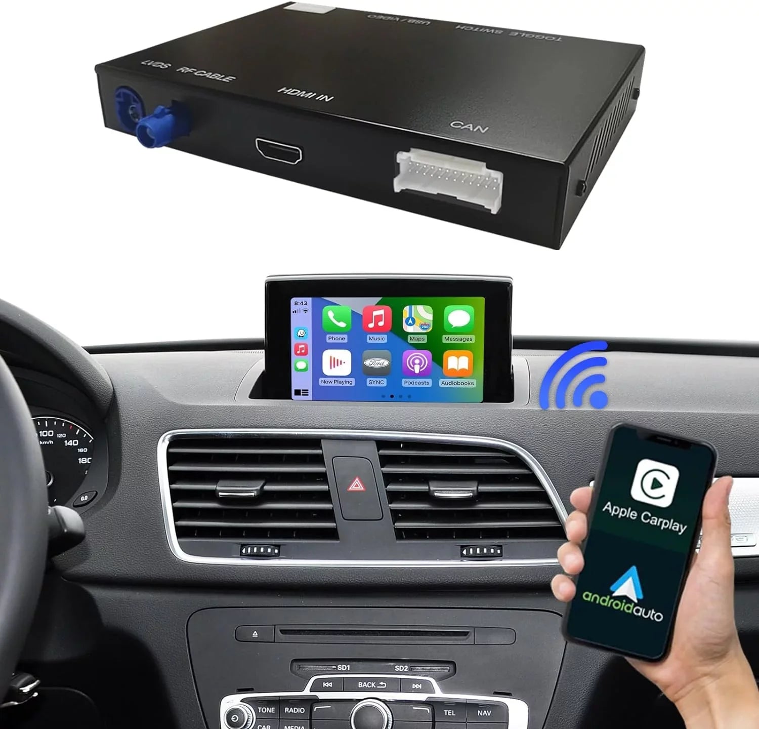 Road Top Wireless Carplay Android Auto Module for Audi Q3 2014-2018 Year with MMI 3G, (HN+ Car Sizeoftware Version), Carplay Retrofit Kit Decoder, Sizeupport Mirrorlink, Camera