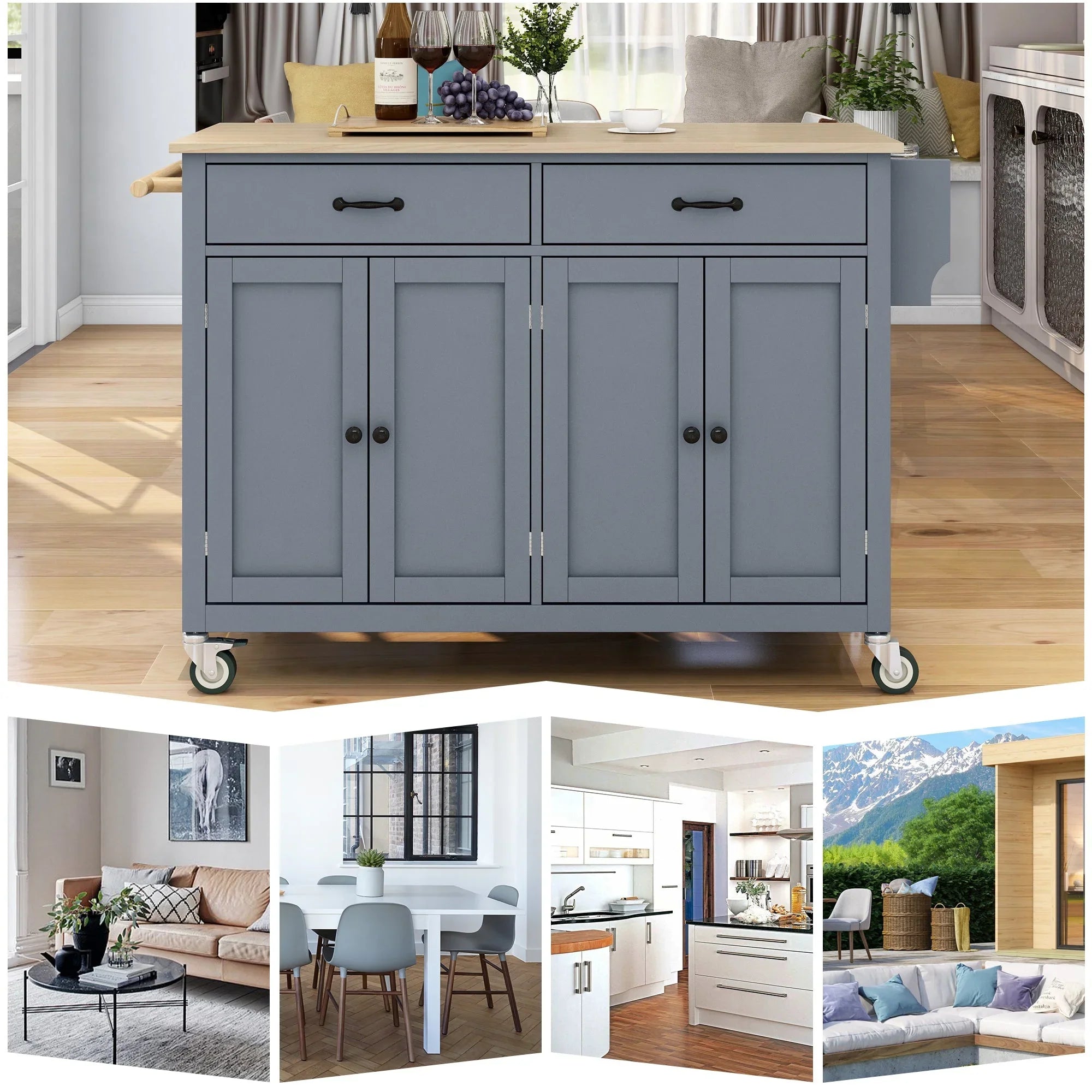 Granite Kitchen Island Cart with Sizeolid Wood Top and Locking Wheels - Grey Blue