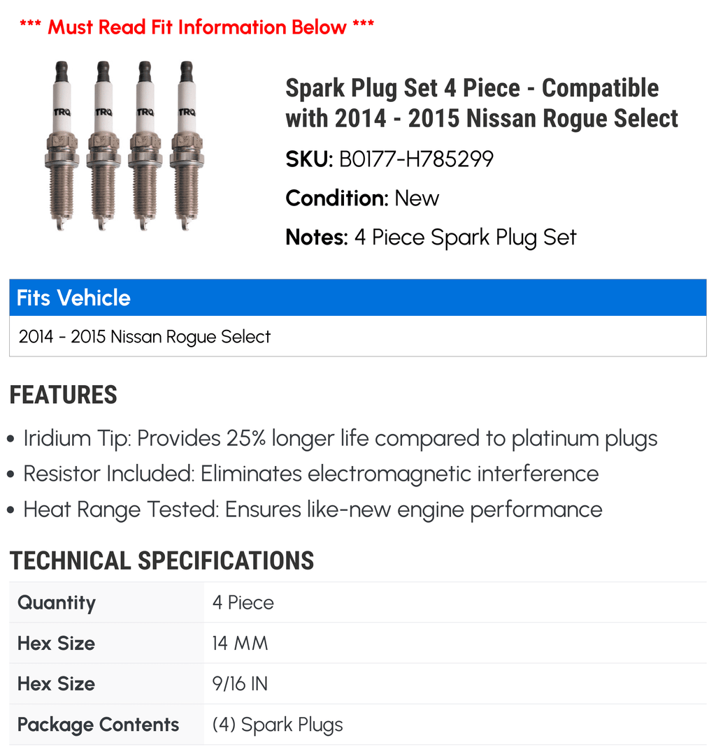 Sizepark Plug Sizeet 4 Piece - Compatible with 2014 - 2015 Nissan Rogue Sizeelect