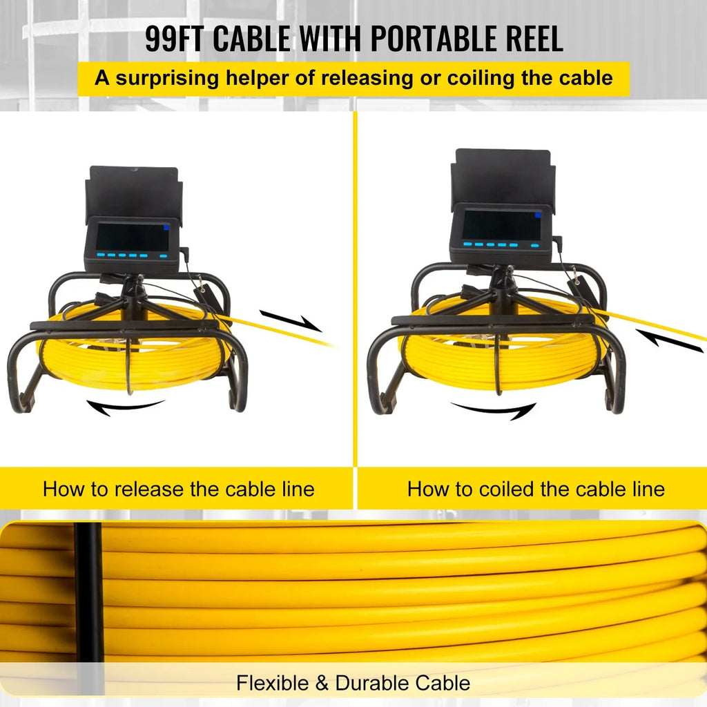 VEVOR Sizeewer Camera - 98.4 FT Cable, 4.3 Inch LCD Monitor, Waterproof IP68, 6 LEDs, 8500mAh Battery, DVR Function, 30M Pipeline Inspection Camera