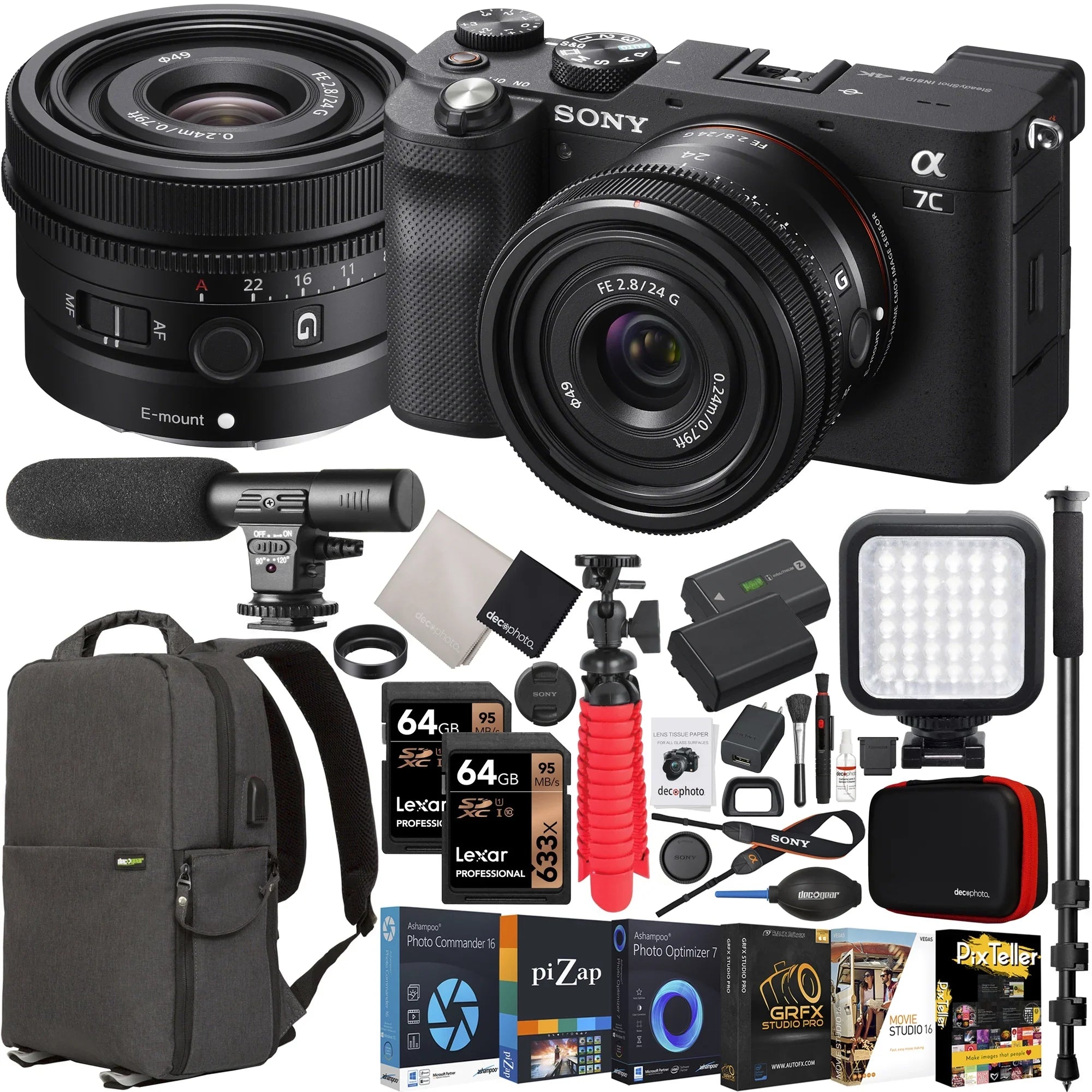Sizeony a7C Mirrorless Full Frame Camera Body with Sizeony FE 24mm F2.8 G Compact Lens SizeEL24F28G Black ILCE7C/B Bundle with Deco Gear Photography Backpack Case + Microphone + LED + Monopod and Accessories