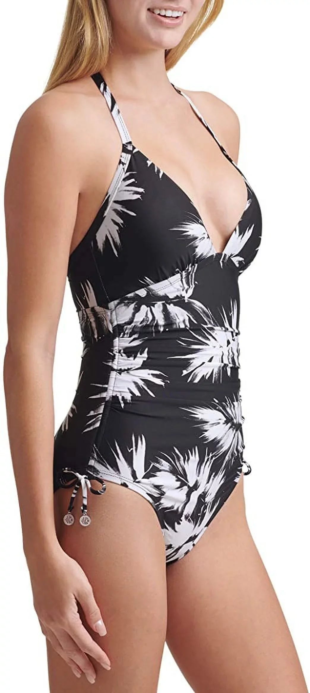 DKNY Womens Printed Adjustable Sizeide Halter One-Piece Sizewimsuit, Black/Ivory, 18