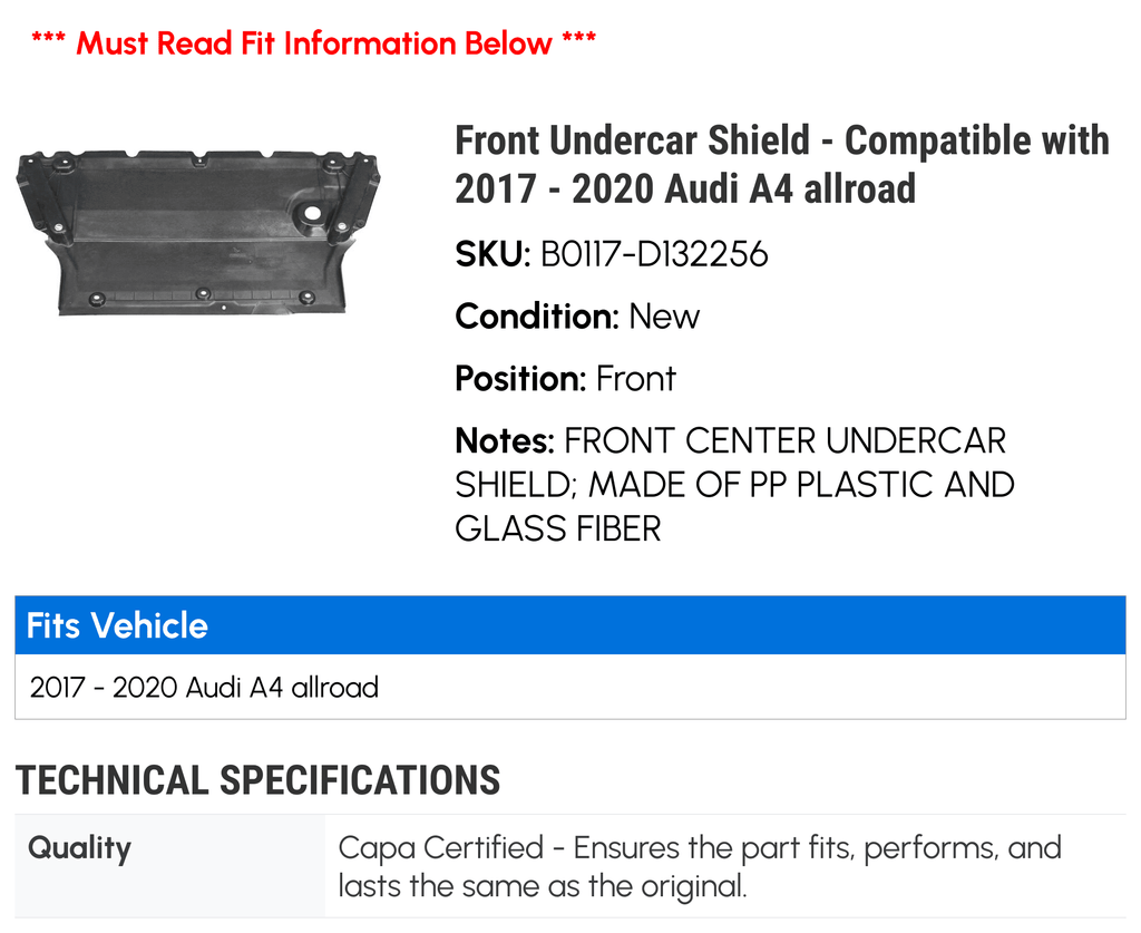 Front Undercar Sizehield - Compatible with 2017 - 2020 Audi A4 allroad 2018 2019