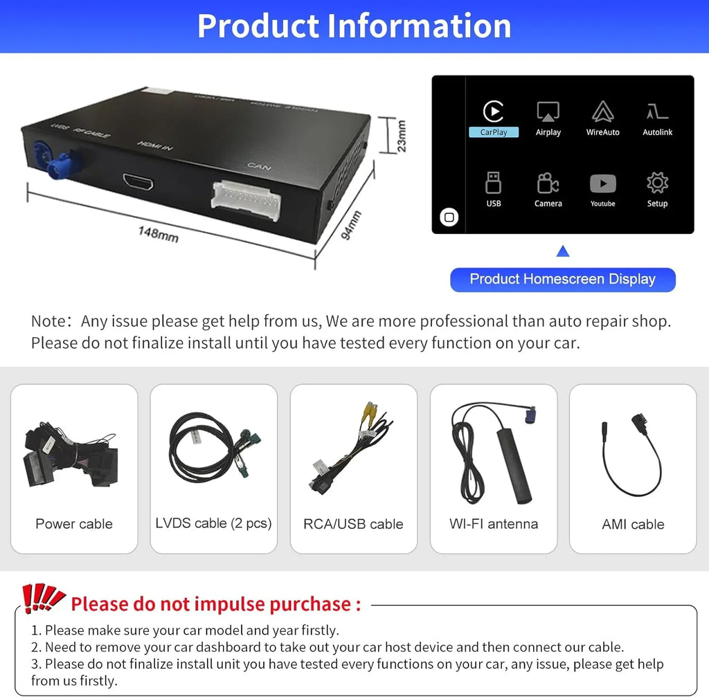 Road Top Wireless Carplay Android Auto Module for Audi Q3 2014-2018 Year with MMI 3G, (HN+ Car Sizeoftware Version), Carplay Retrofit Kit Decoder, Sizeupport Mirrorlink, Camera