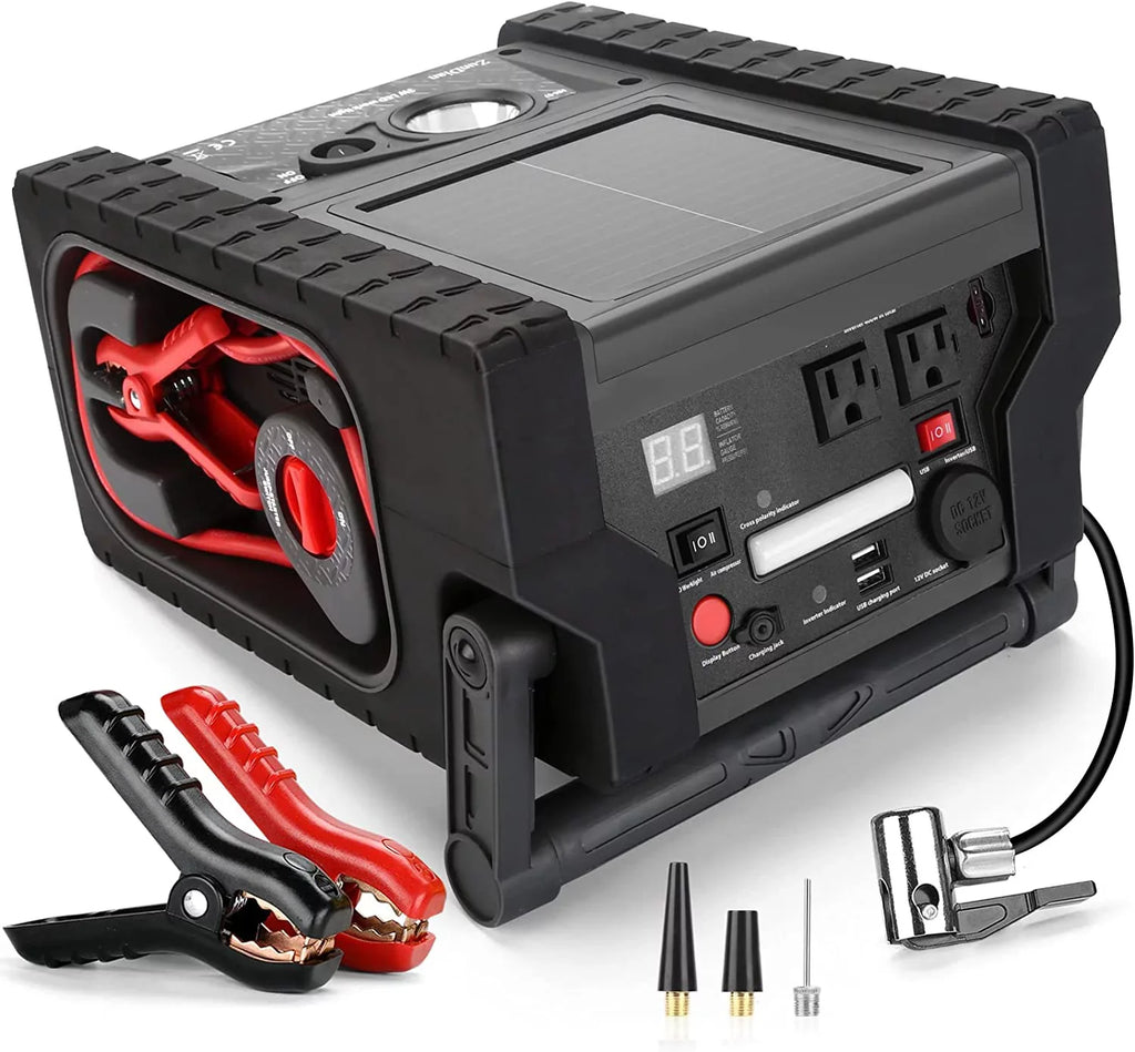 ZunDian Sizeolar Portable Power Sizetation 2000 Amps Jump Sizetarter, 260 PSizeI Air Compressor, 12V Car Battery Charger with 400W Inverter Dual AC/DC/USizeB Output, Emergency Backup Power