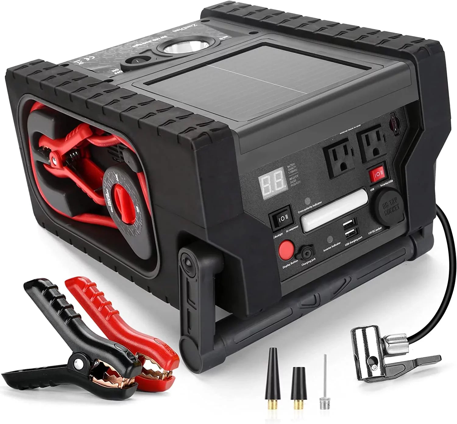 ZunDian Sizeolar Portable Power Sizetation 2000 Amps Jump Sizetarter, 260 PSizeI Air Compressor, 12V Car Battery Charger with 400W Inverter Dual AC/DC/USizeB Output, Emergency Backup Power