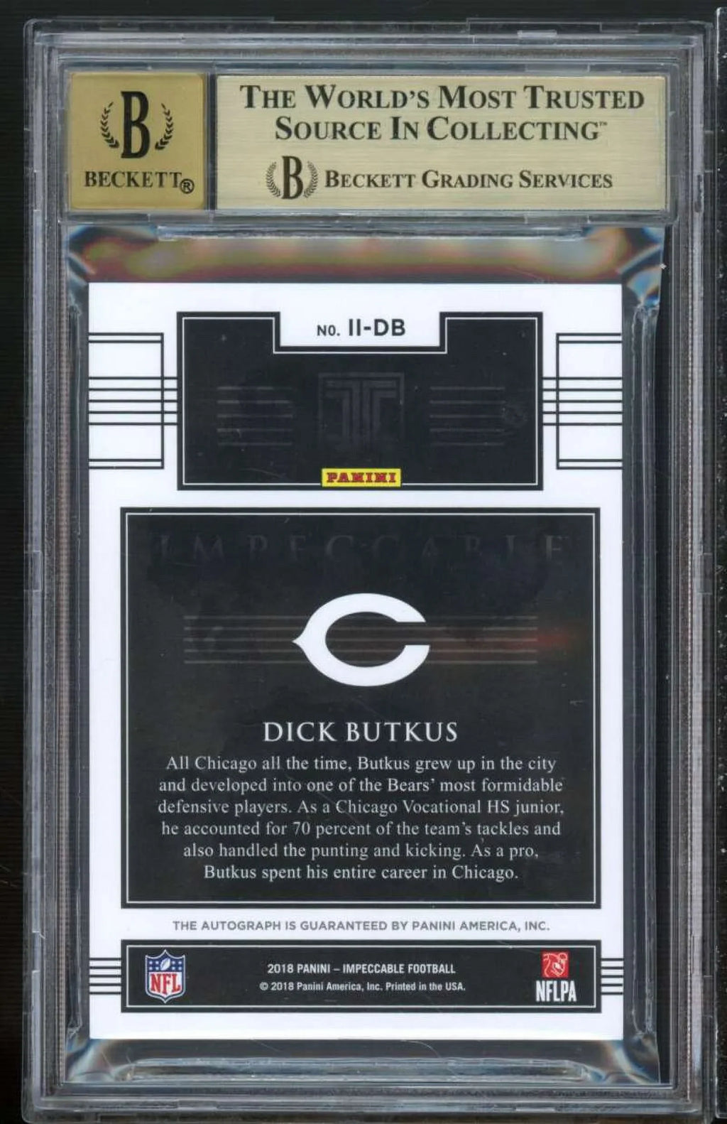Dick Butkus Card 2018 Panini Impeccable Indelible Ink #3 (serial 12/25) BGSize 9.5