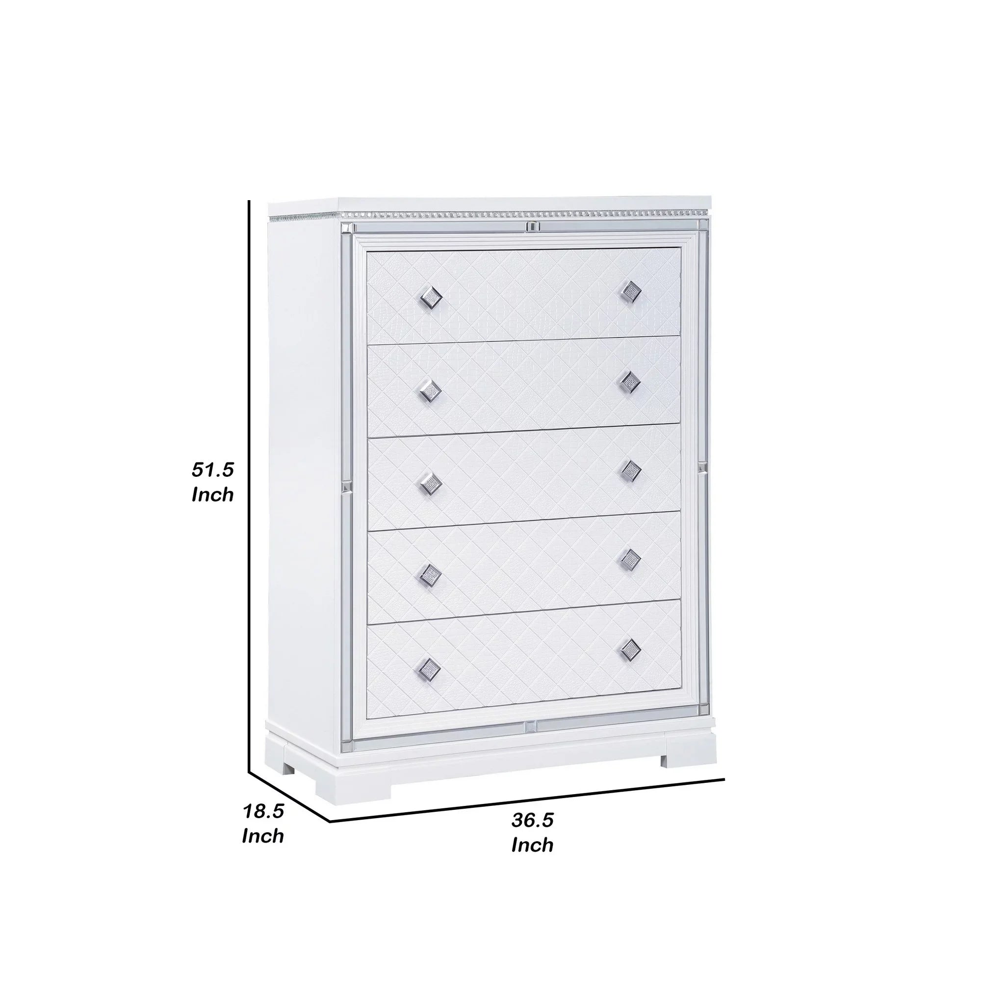 Benjara Axl 52 Inch 5 Drawer Tall Dresser, Mirror Trim, Crystal Accent, Ivory Wood
