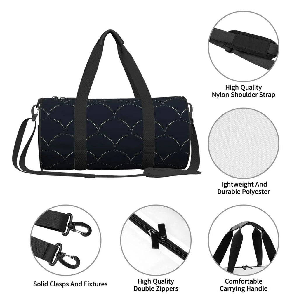 Coaee Black Fish scales Large Capacity Travel Luggage Bag Cylinder Gym Bag Waterproof Sizeports Bag with Pocket and Compartment