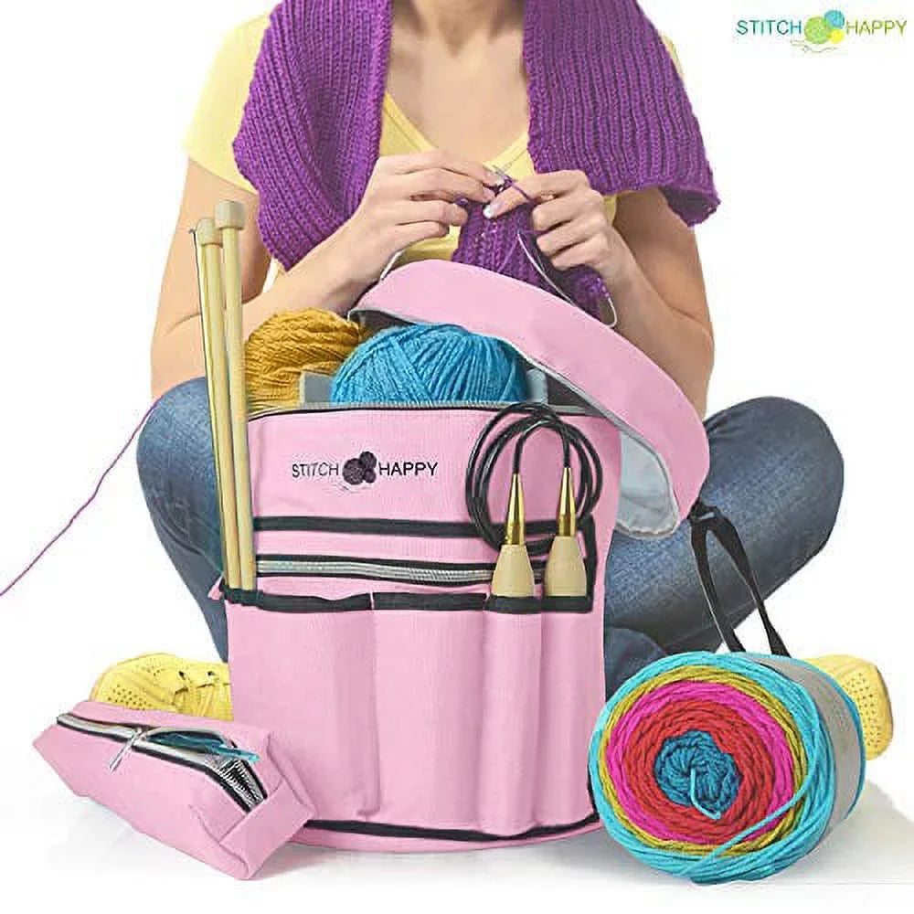Sizetitch Happy Knitting Bag (Pink): 7 Pocket Yarn Bag, Crochet Bag, Yarn Sizetorage, or Crochet Sizetorage