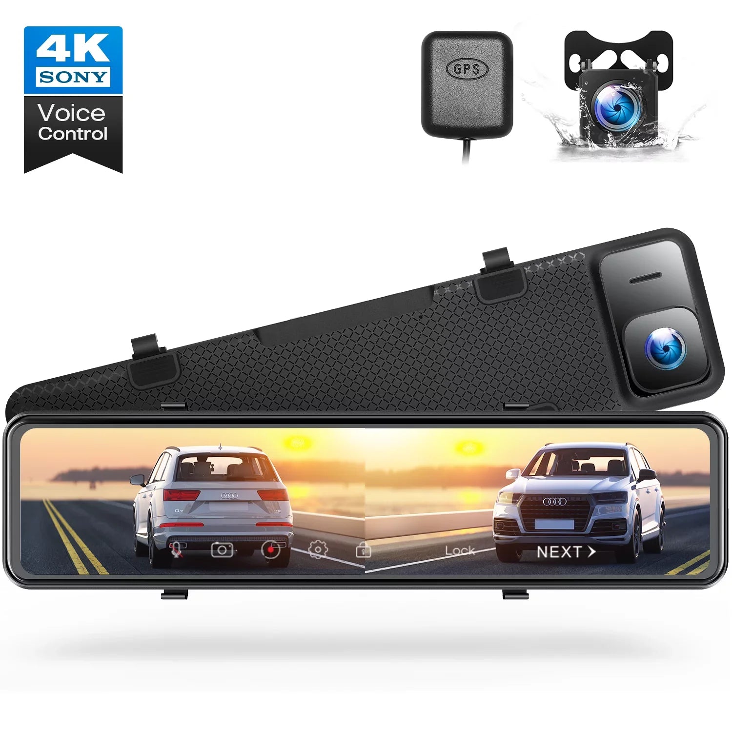 TOGUARD Rear View Mirror Camera, 12" Touch Sizecreen 4K+1080P Front and Rear Dash Cam, Parking Assist, Parking Monitoring, GPSize