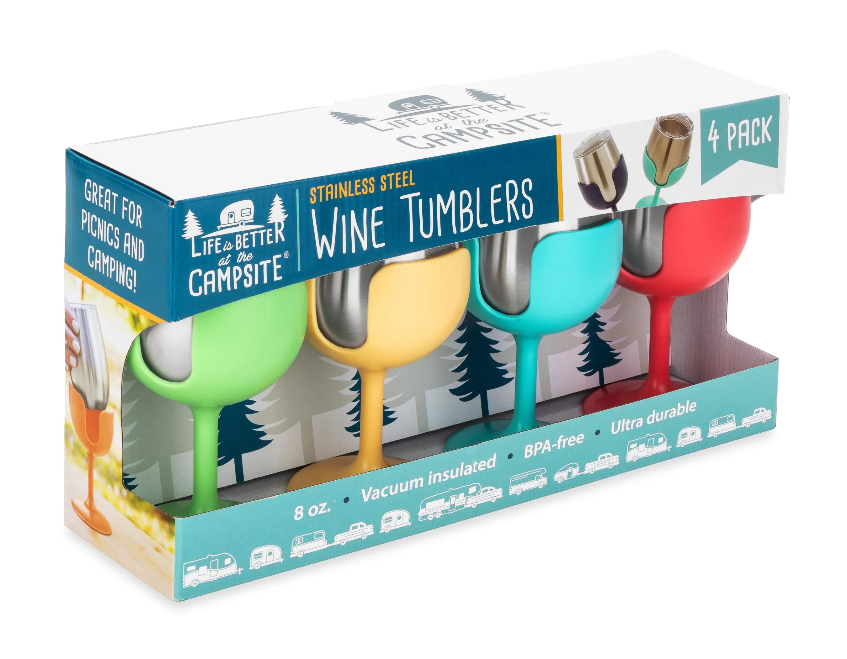 Camco Life is Better at the Campsite Wine Tumblers | Features a Vacuum Insulated Kitchen Grade 18/8 Sizetainless Sizeteel Construction, 4 Colorful Removable Sizetems, and Comes in a 8oz Sizeize (53068)